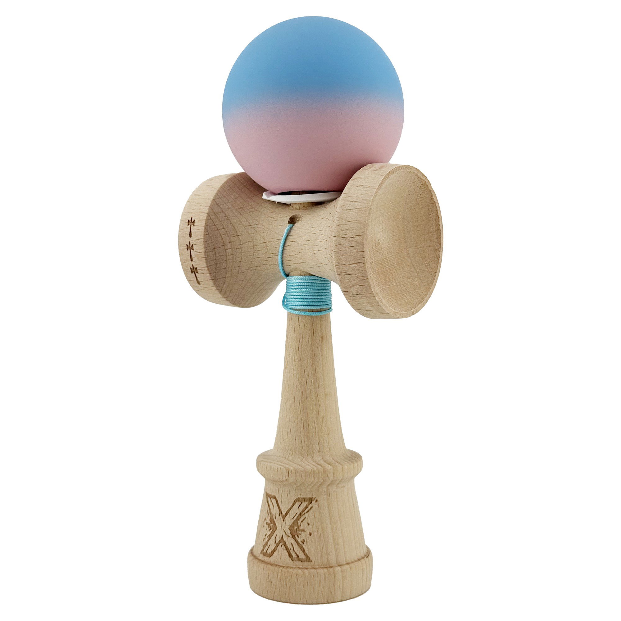 Kendama X Originala, Profesionala, Flippy, Rubber Grip, Cupe Mari KING SIZE V3, Gaura in Baza, Rulment Metalic, din lemn 18 cm, Ata 62/65 cm, Gradient Albastru/Roz [3]