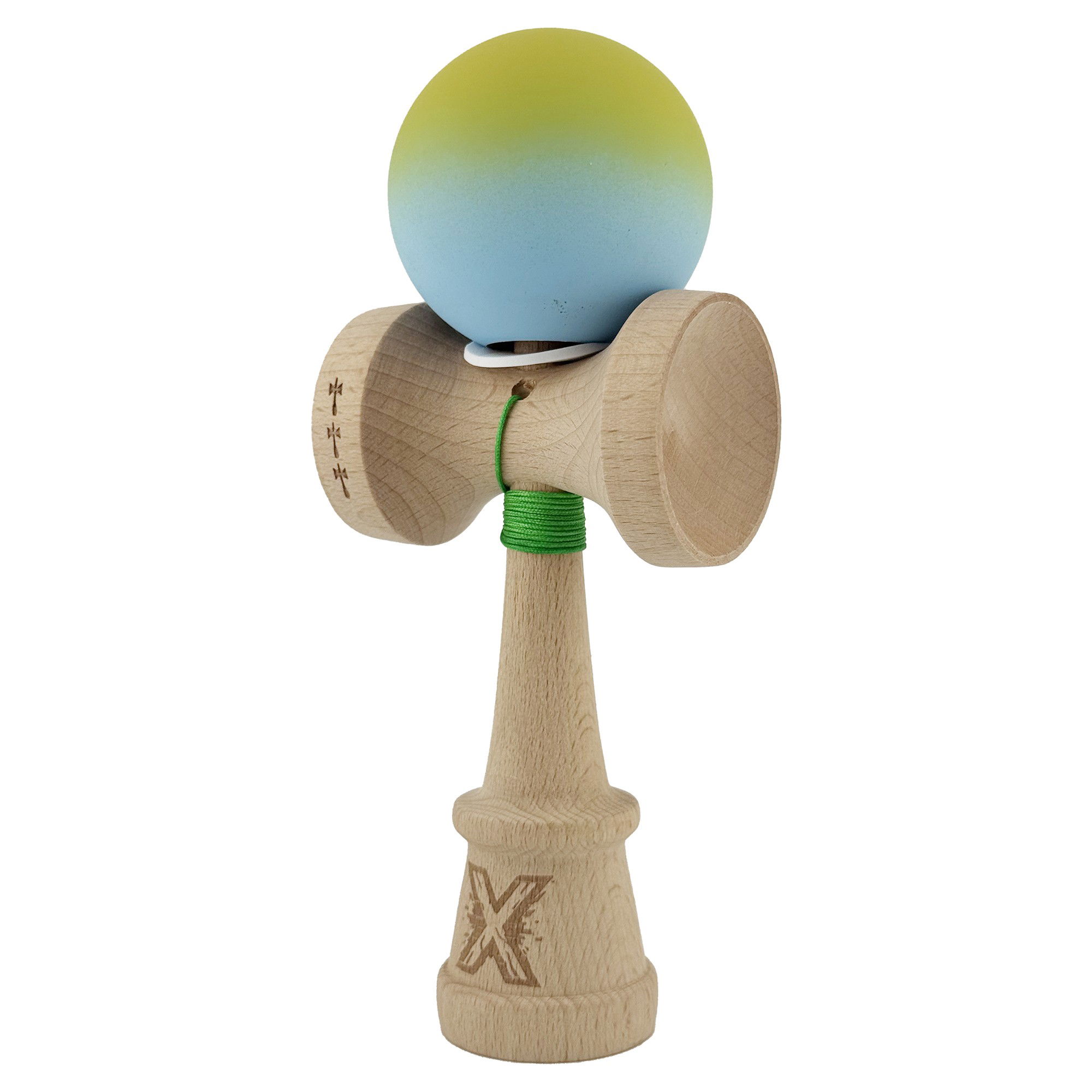 Kendama X Originala, Profesionala, Flippy, Rubber Grip, Cupe Mari KING SIZE V3, Gaura in Baza, Rulment Metalic, din lemn 18 cm, Ata 62/65 cm, Gradient Galben/Albastru deschis [3]