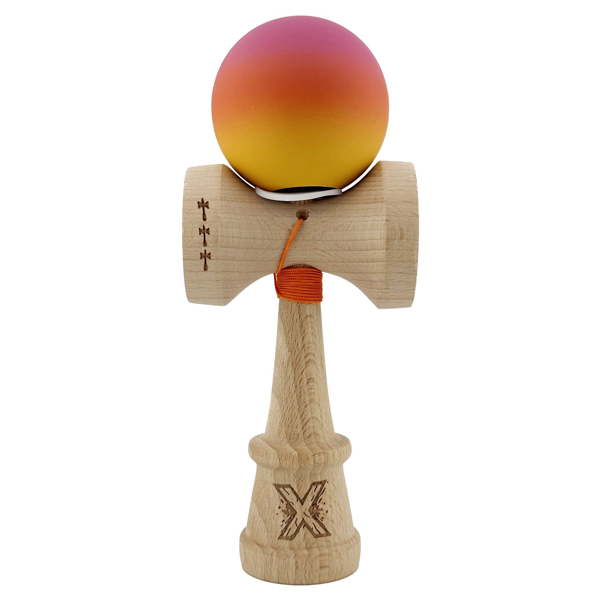 Kendama Rubber Grip V3 Cupe Mari - Kendama X Originala, Profesionala, Flippy, Rubber Grip, din Lemn, 18 cm, V3, Roz/Portocaliu/Galben