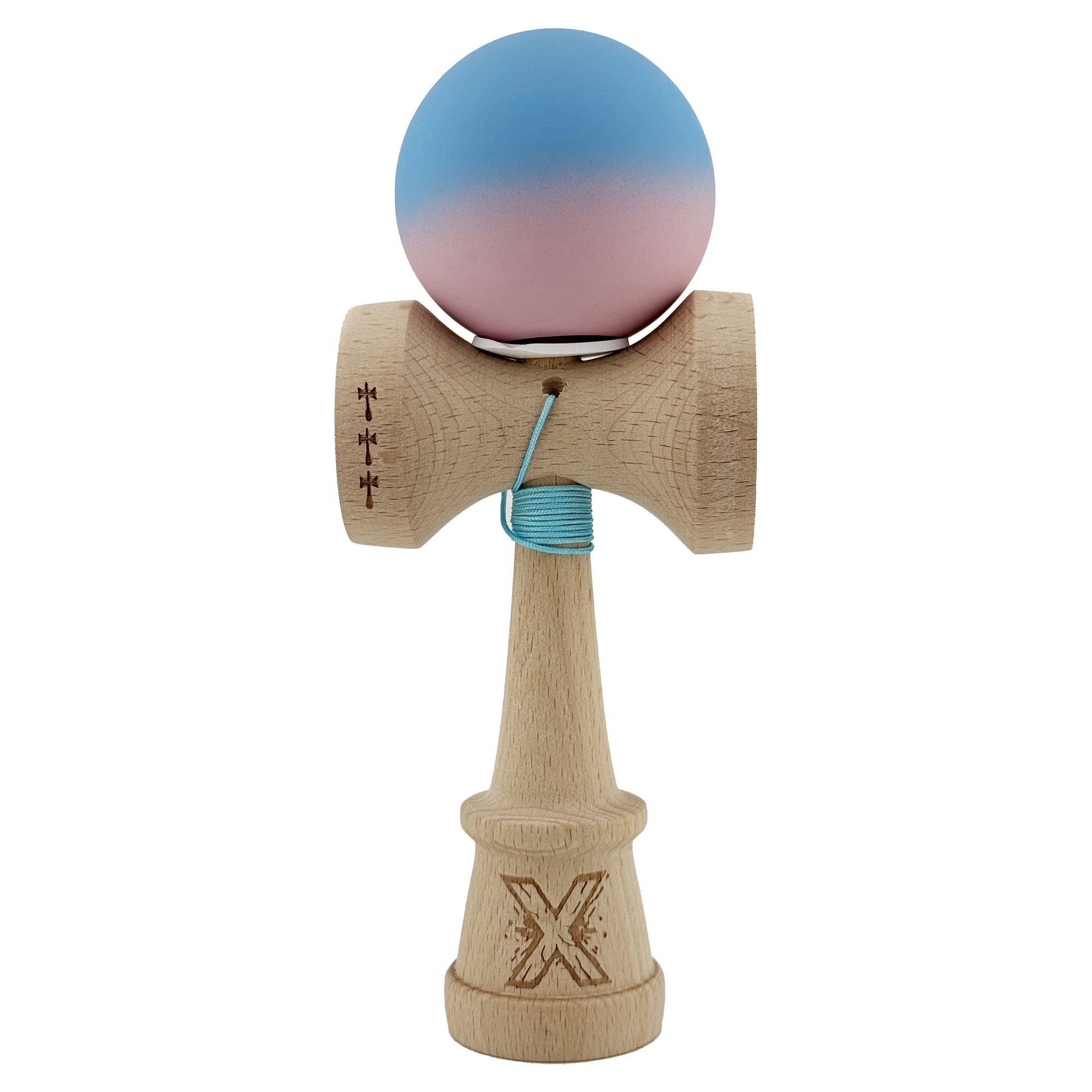 Kendama Rubber Grip V3 Cupe Mari - Kendama X Originala, Profesionala, Flippy, Rubber Grip, Cupe Mari KING SIZE V3, Gaura in Baza, Rulment Metalic, din lemn 18 cm, Ata 62/65 cm, Gradient Albastru/Roz