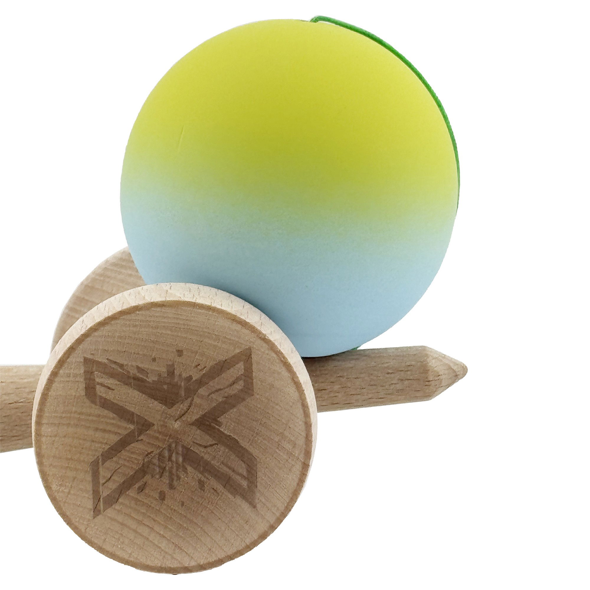Kendama X Originala, Profesionala, Flippy, Rubber Grip, Cupe Mari KING SIZE V3, Gaura in Baza, Rulment Metalic, din lemn 18 cm, Ata 62/65 cm, Gradient Galben/Albastru [9]