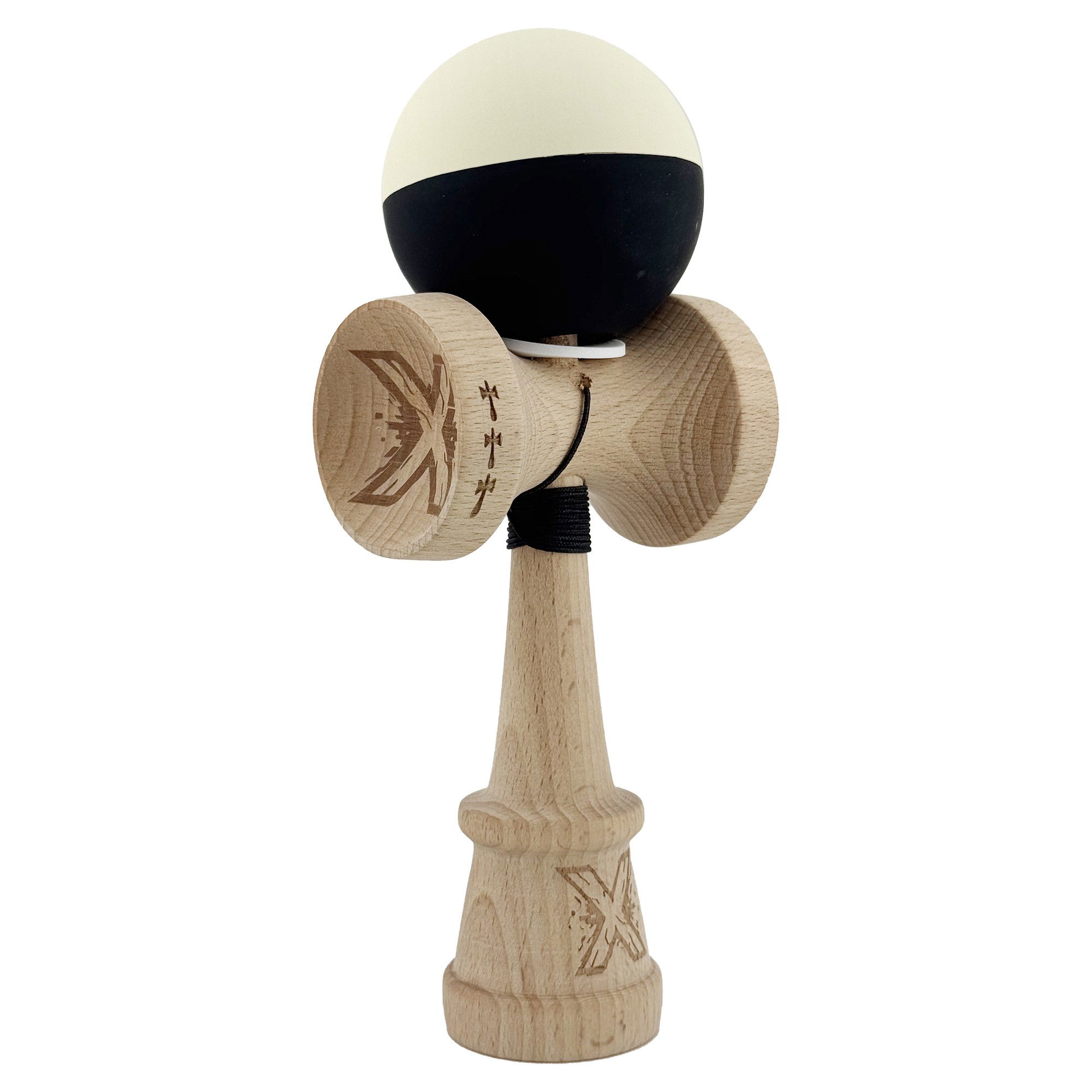 Kendama Rubber Grip V3 Cupe Mari - Kendama X Originala, Profesionala, Flippy, Rubber Grip, Cupe Mari KING SIZE V3, Gaura in Baza, Rulment Metalic, din lemn 18 cm, Ata 62/65 cm, Bicolor Galben/Negru