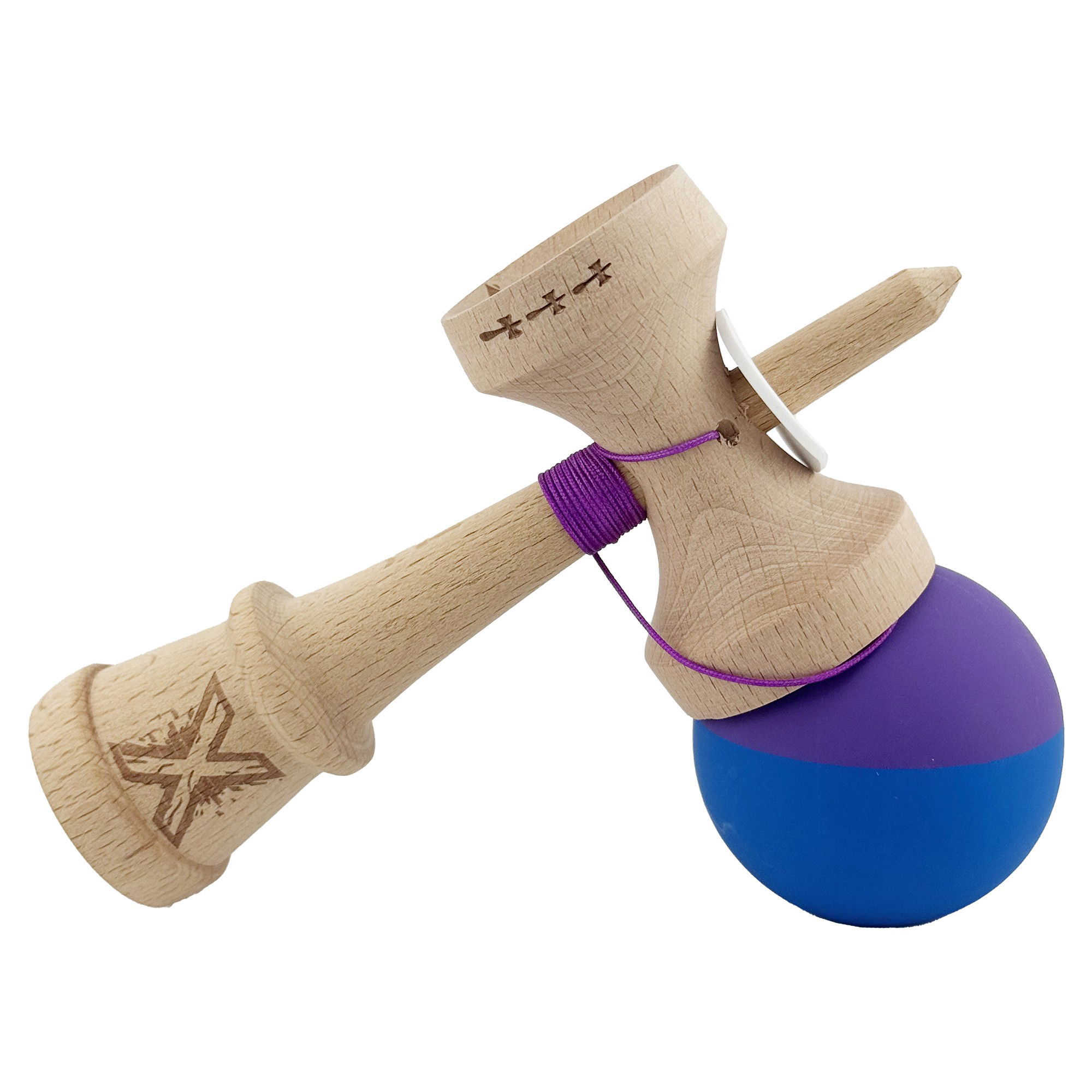 Kendama X Originala, Profesionala, Flippy, Rubber Grip, Cupe Mari KING SIZE V3, Gaura in Baza, Rulment Metalic, din lemn 18 cm, Ata 62/65 cm, Bicolor Mov/Albastru [5]