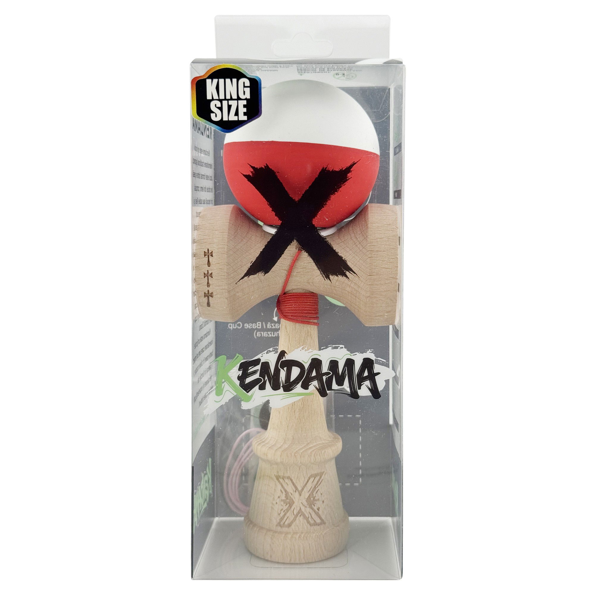 Kendama X Originala, Profesionala, Flippy, Rubber Grip, Cupe Mari KING SIZE V3, Gaura in Baza, Rulment Metalic, din lemn 18 cm, Ata 62/65 cm, Bicolor Alb/Rosu [6]