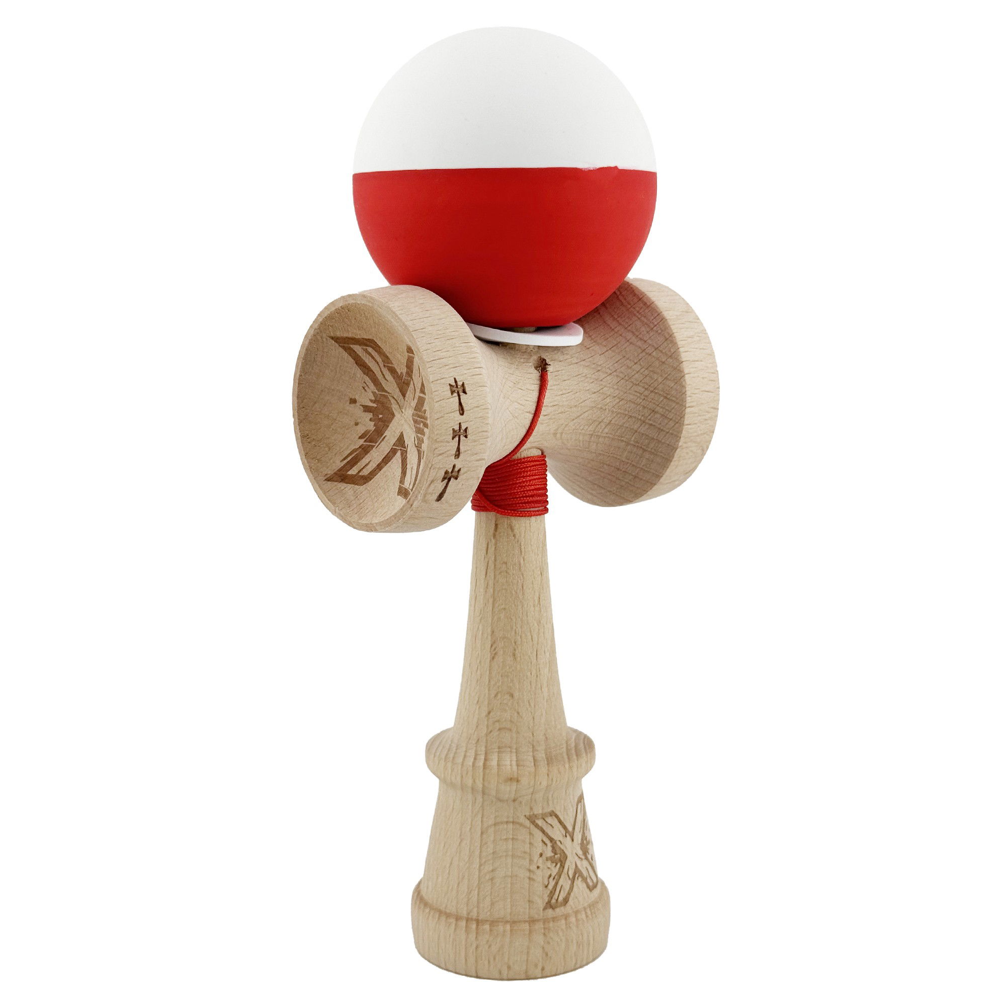 Kendama Rubber Grip V3 Cupe Mari - Kendama X Originala, Profesionala, Flippy, Rubber Grip, Cupe Mari KING SIZE V3, Gaura in Baza, Rulment Metalic, din lemn 18 cm, Ata 62/65 cm, Bicolor Alb/Rosu