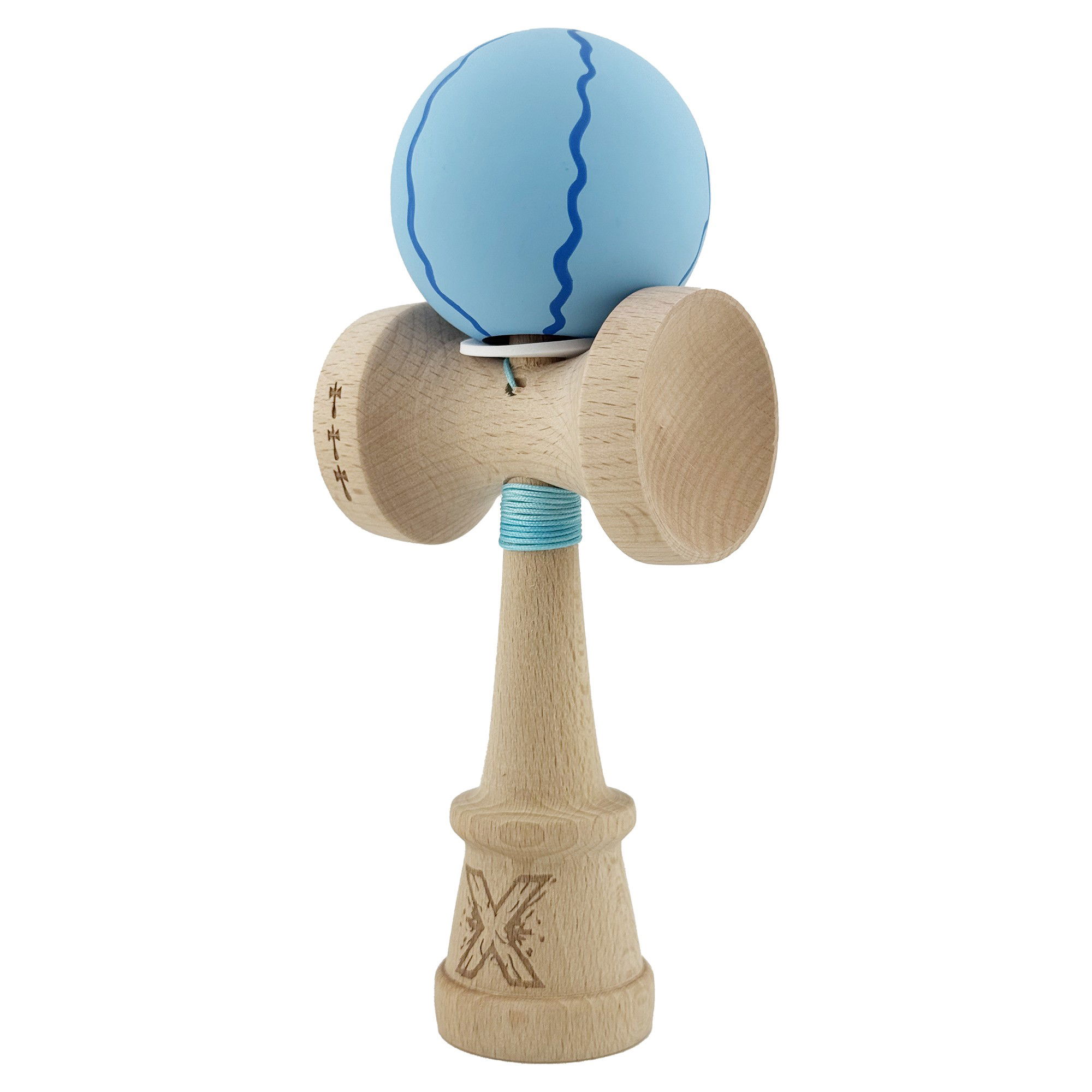 Kendama X Originala, Profesionala, Flippy, Rubber Grip, Cupe Mari KING SIZE V3, Gaura in Baza, Rulment Metalic, din lemn 18 cm, Ata 62/65 cm, Special Albastru deschis [3]