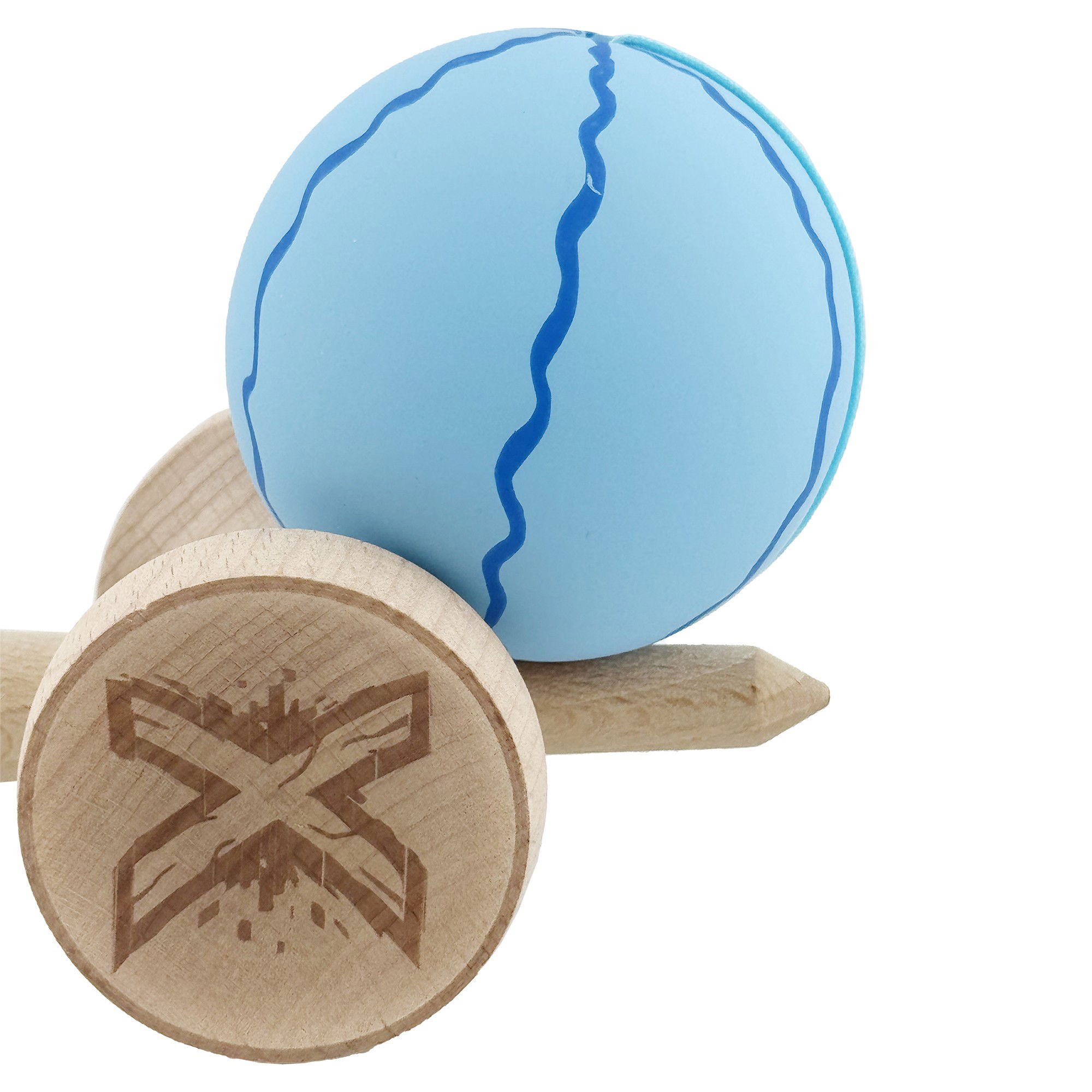 Kendama X Originala, Profesionala, Flippy, Rubber Grip, Cupe Mari KING SIZE V3, Gaura in Baza, Rulment Metalic, din lemn 18 cm, Ata 62/65 cm, Special Albastru deschis [8]