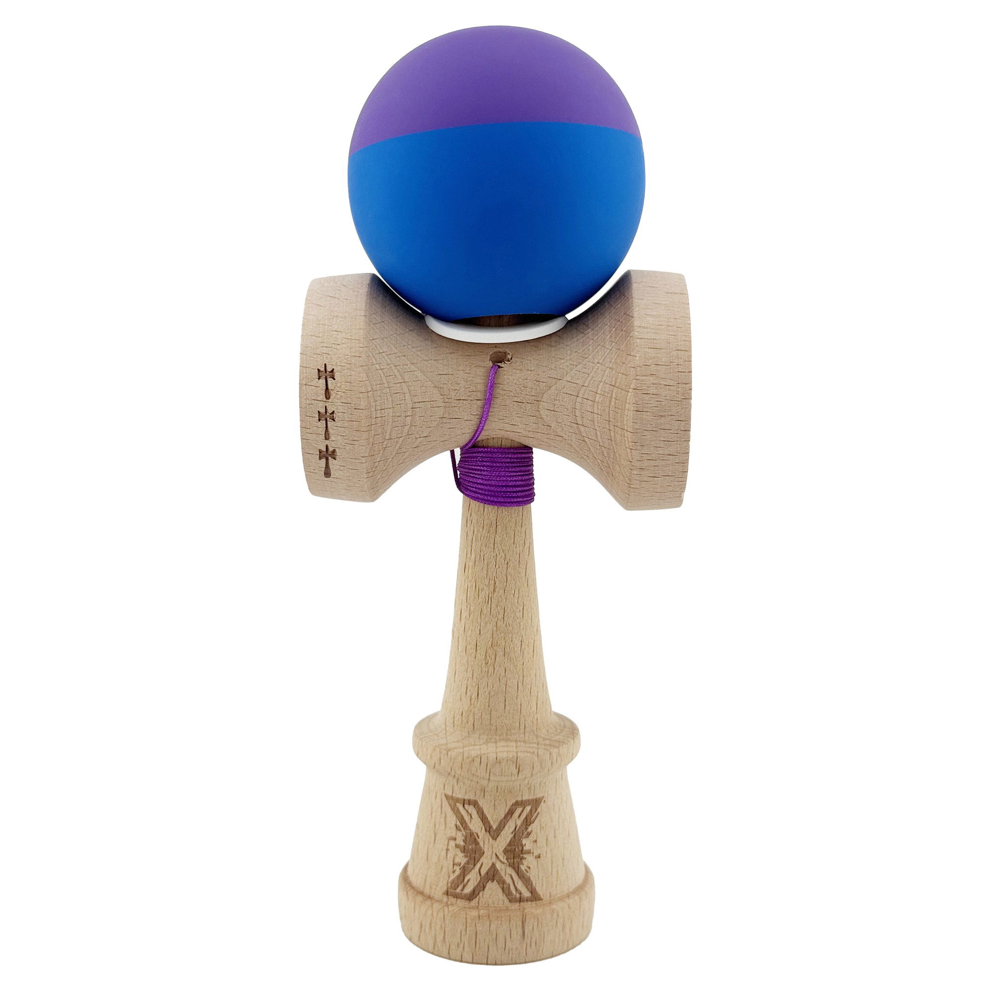 Kendama Rubber Grip V3 Cupe Mari - Kendama X Originala, Profesionala, Flippy, Rubber Grip, Cupe Mari KING SIZE V3, Gaura in Baza, Rulment Metalic, din lemn 18 cm, Ata 62/65 cm, Bicolor Mov/Albastru
