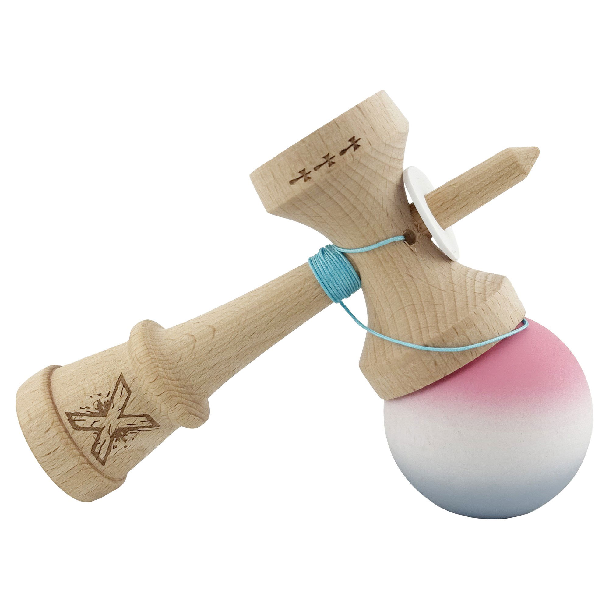 Kendama X Originala, Profesionala, Flippy, Rubber Grip, Cupe Mari KING SIZE V3, Gaura in Baza, Rulment Metalic, din lemn 18 cm, Ata 62/65 cm, Gradient Roz/Alb/Gri [10]