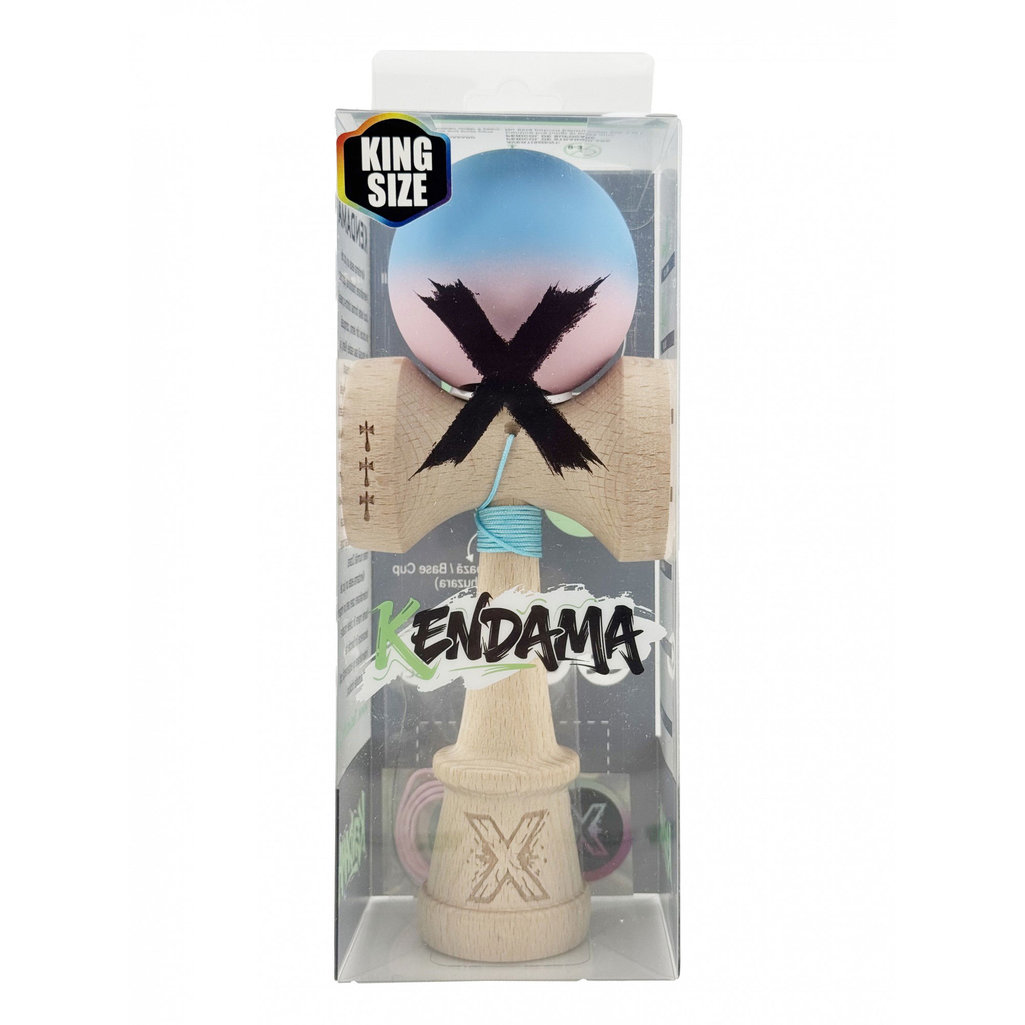 Kendama X Originala, Profesionala, Flippy, Rubber Grip, Cupe Mari KING SIZE V3, Gaura in Baza, Rulment Metalic, din lemn 18 cm, Ata 62/65 cm, Gradient Albastru/Roz [6]