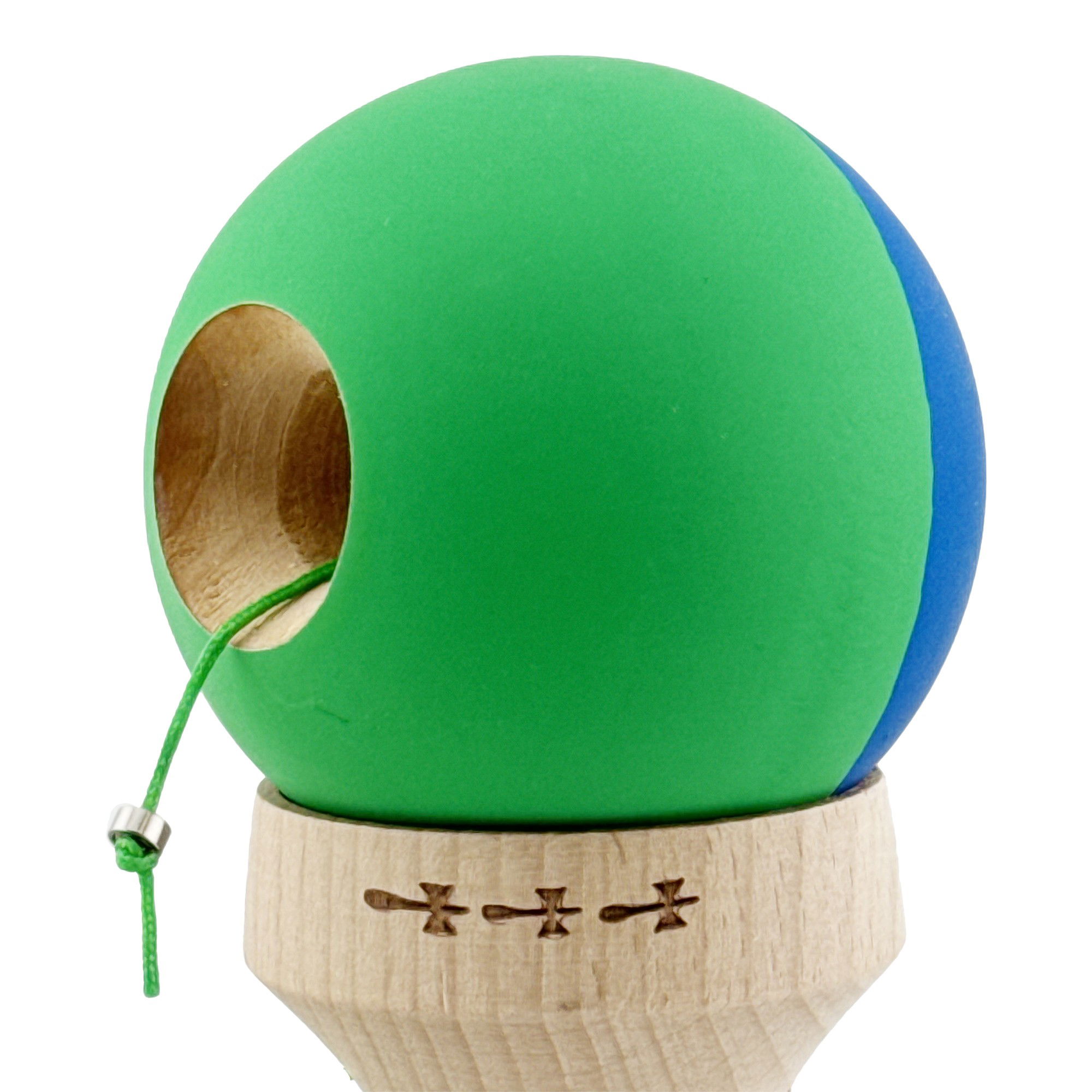 Kendama X Originala, Profesionala, Flippy, Rubber Grip, Cupe Mari KING SIZE V3, Gaura in Baza, Rulment Metalic, din lemn 18 cm, Ata 62/65 cm, Bicolor Albastru/Verde [7]