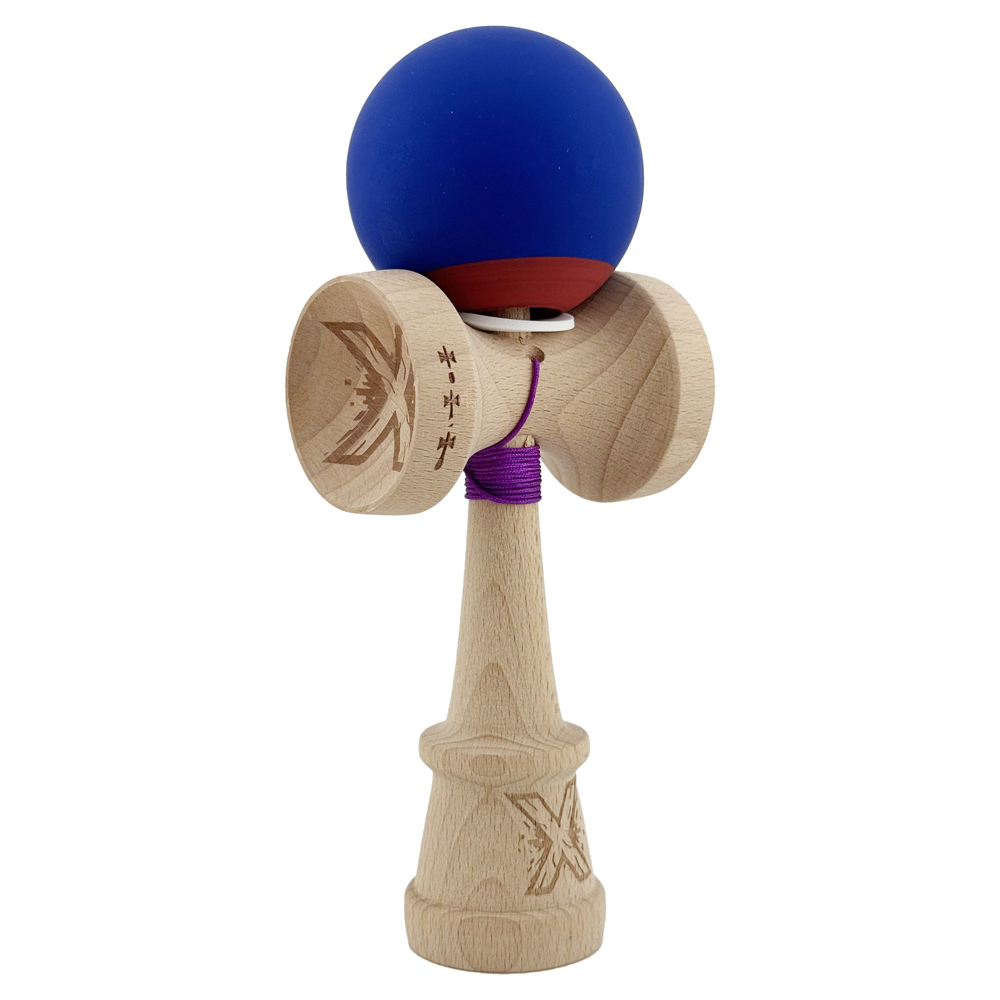 Kendama Rubber Grip V3 Cupe Mari - Kendama X Originala, Profesionala, Flippy, Rubber Grip, Cupe Mari KING SIZE V3, Gaura in Baza, Rulment Metalic, din lemn 18 cm, Ata 62/65 cm, Bicolor Albastru inchis/Rosu