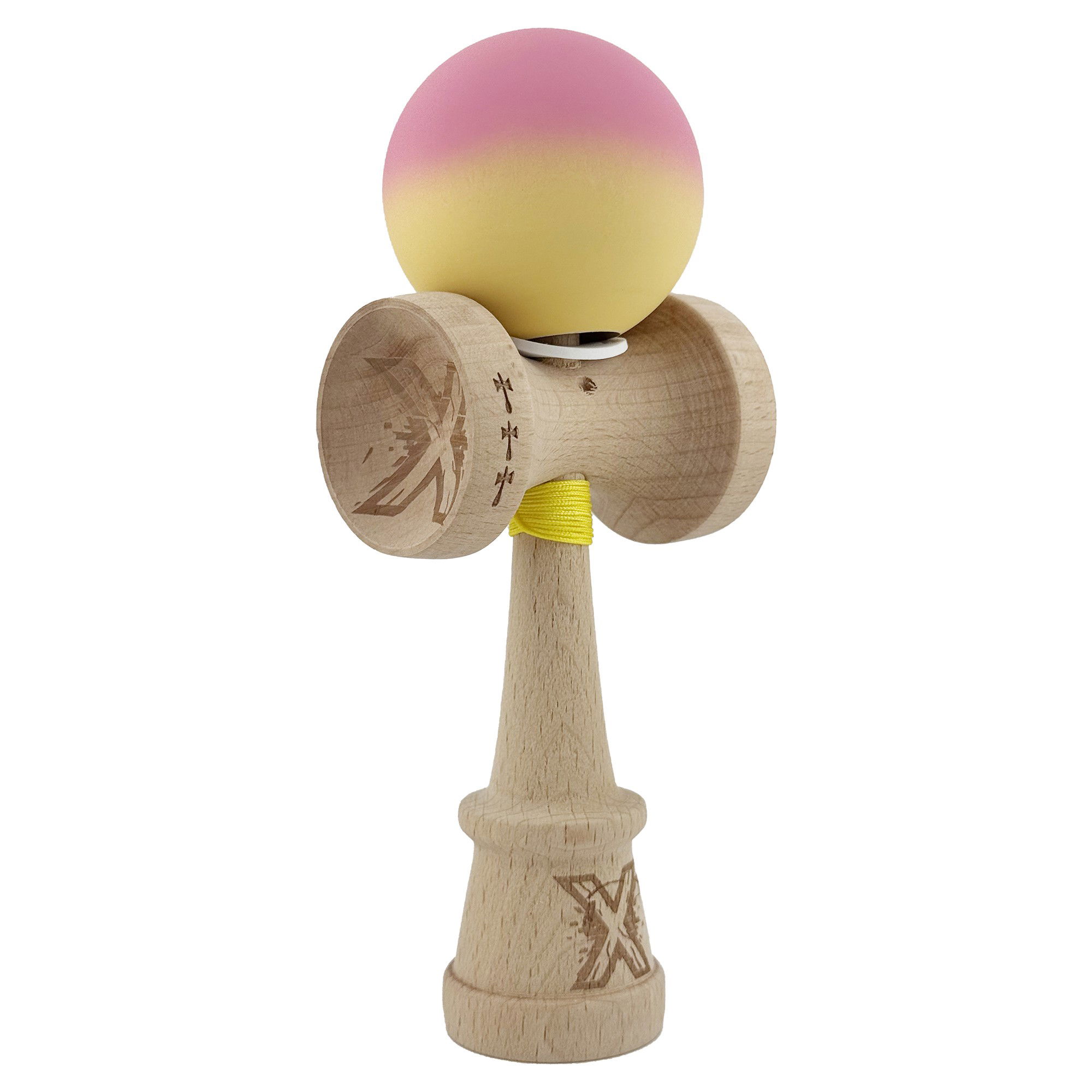 Kendama Rubber Grip V3 Cupe Mari - Kendama X Originala, Profesionala, Flippy, Rubber Grip, Cupe Mari KING SIZE V3, Gaura in Baza, Rulment Metalic, din lemn 18 cm, Ata 62/65 cm, Gradient Roz/Galben