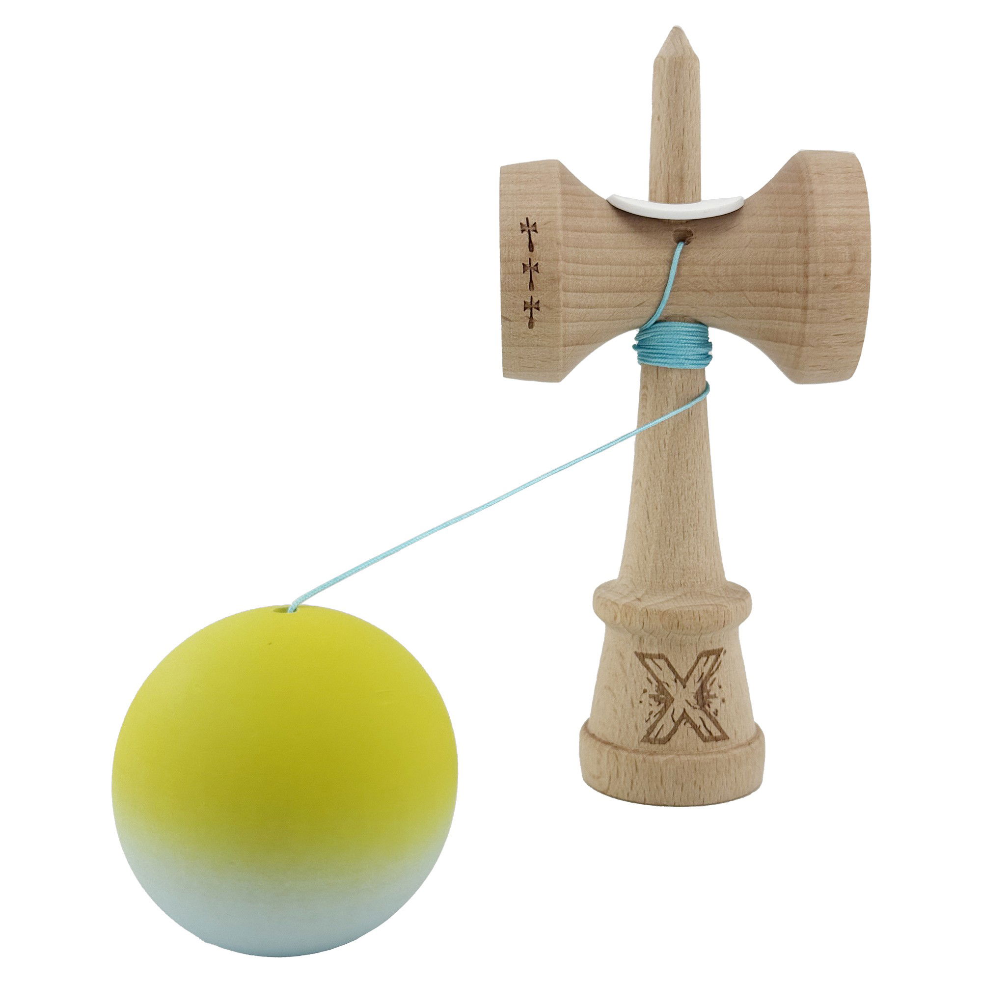 Kendama X Originala, Profesionala, Flippy, Rubber Grip, Cupe Mari KING SIZE V3, Gaura in Baza, Rulment Metalic, din lemn 18 cm, Ata 62/65 cm, Gradient Galben/Verde deschis [4]