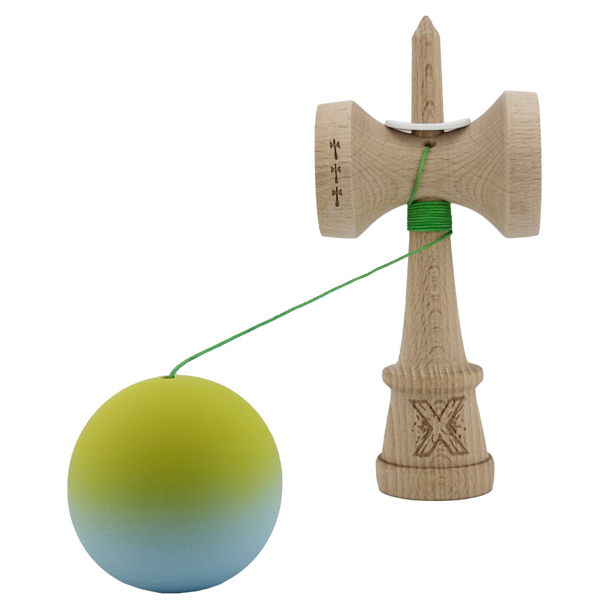 Kendama X Originala, Profesionala, Flippy, Rubber Grip, Cupe Mari KING SIZE V3, Gaura in Baza, Rulment Metalic, din lemn 18 cm, Ata 62/65 cm, Gradient Galben/Albastru [4]