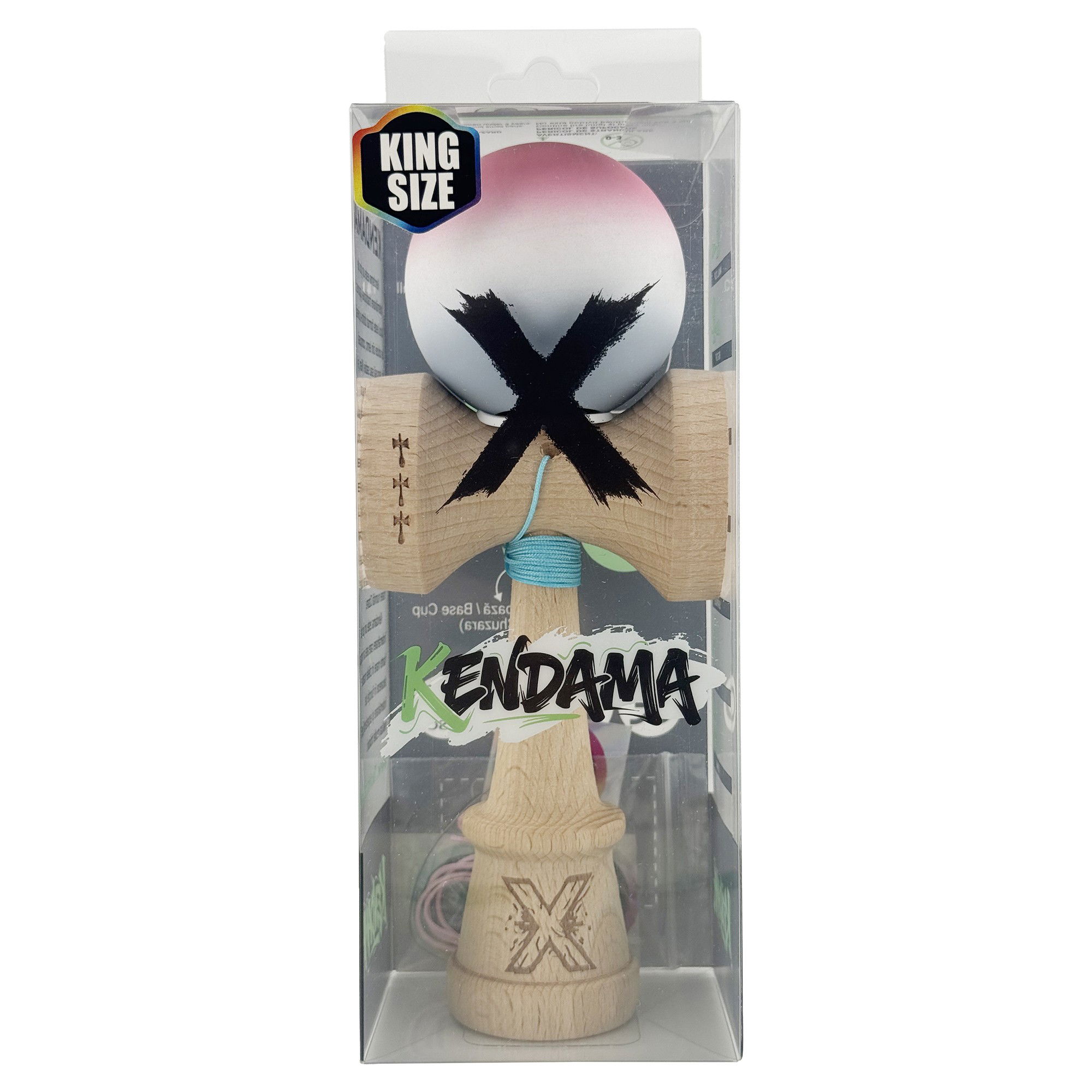 Kendama X Originala, Profesionala, Flippy, Rubber Grip, Cupe Mari KING SIZE V3, Gaura in Baza, Rulment Metalic, din lemn 18 cm, Ata 62/65 cm, Gradient Roz/Alb/Gri [5]