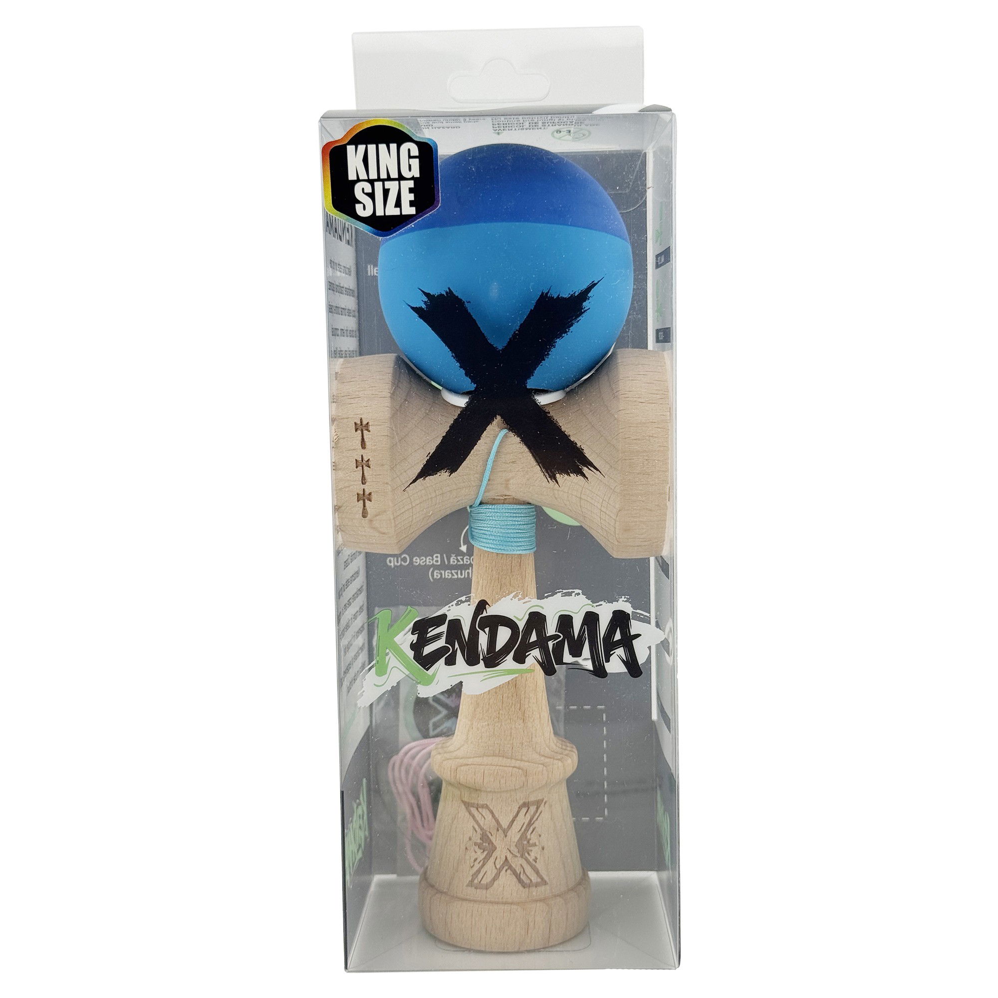 Kendama X Originala, Profesionala, Flippy, Rubber Grip, Cupe Mari KING SIZE V3, Gaura in Baza, Rulment Metalic, din lemn 18 cm, Ata 62/65 cm, Bicolor Albastru/Albastru deschis [6]