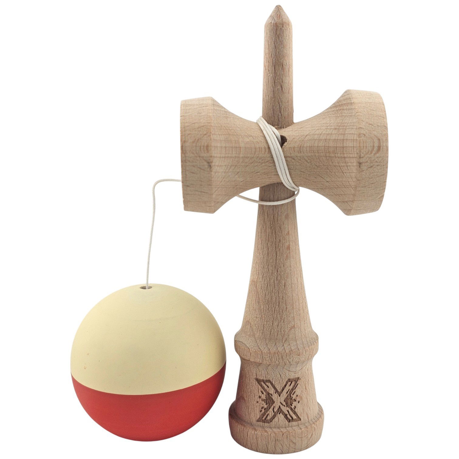 Kendama X Originala, Profesionala, Flippy, Rubber Grip, din Lemn, 18 cm, Galben deschis/Rosu [3]