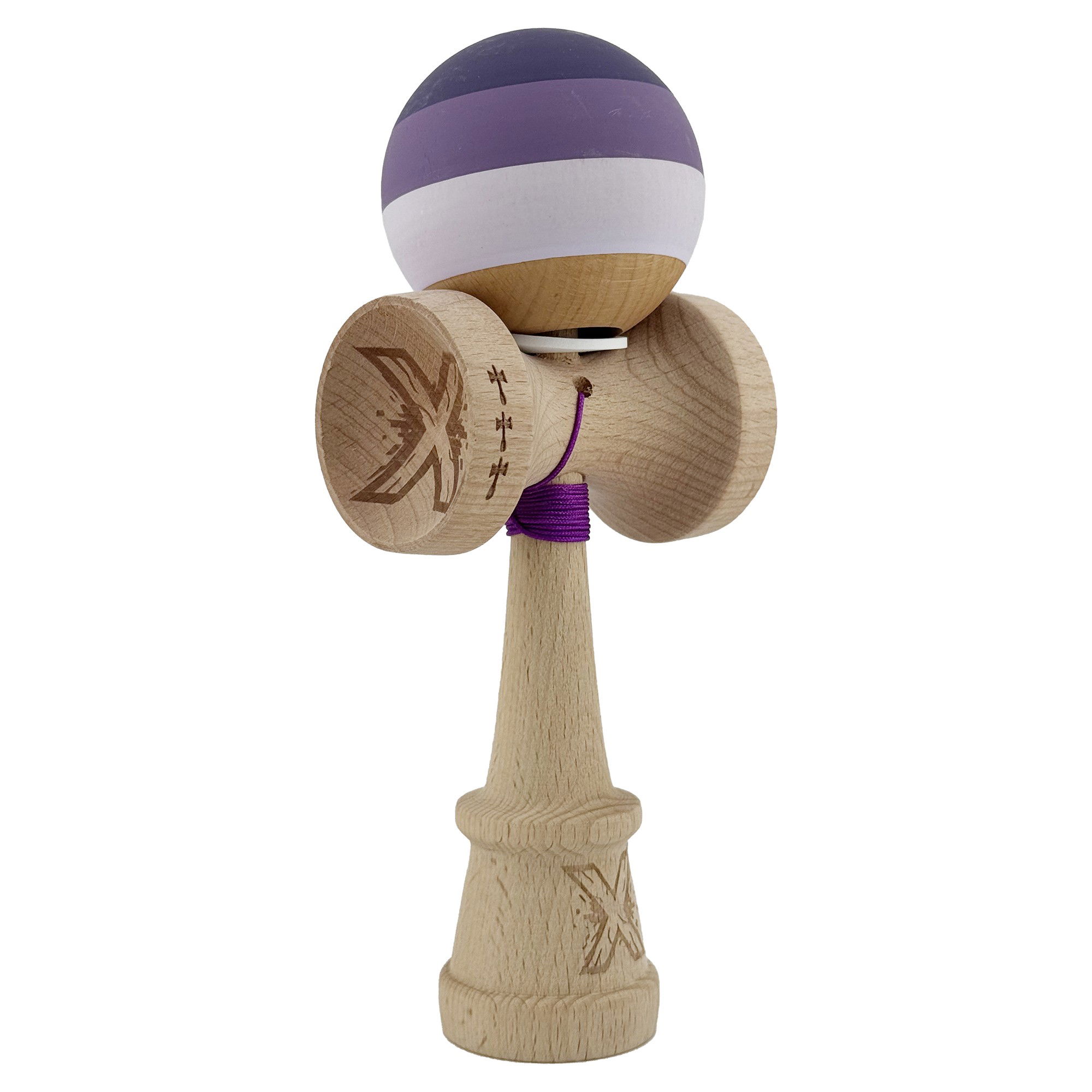 Kendama Rubber Grip V3 Cupe Mari - Kendama X Originala, Profesionala, Flippy, Rubber Grip, Cupe Mari KING SIZE V3, Gaura in Baza, Rulment Metalic, din lemn 18 cm, Ata 62/65 cm, Special Purpuriu/Mov/Lila