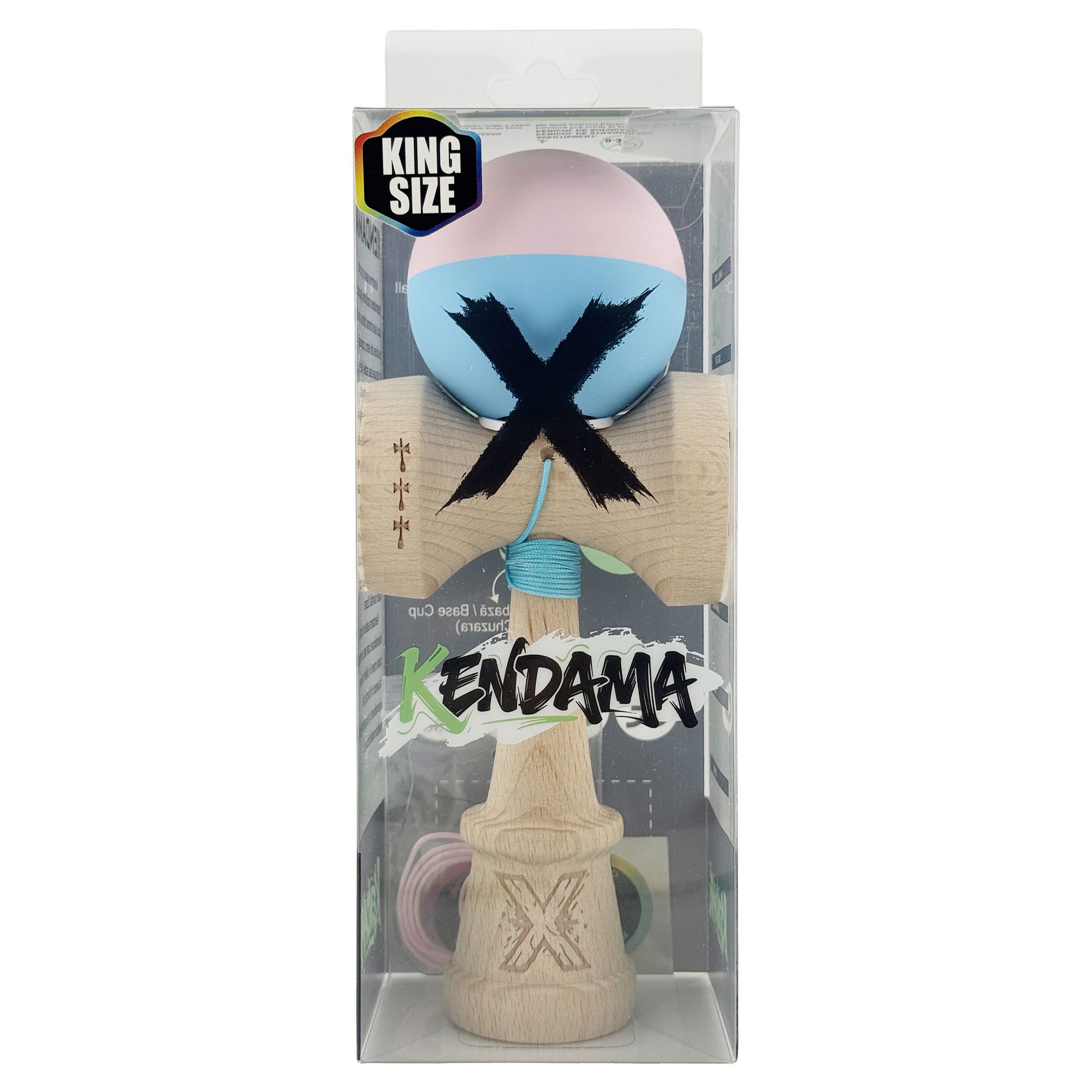 Kendama X Originala, Profesionala, Flippy, Rubber Grip, Cupe Mari KING SIZE V3, Gaura in Baza, Rulment Metalic, din lemn 18 cm, Ata 62/65 cm, Bicolor Roz/Bleu [6]