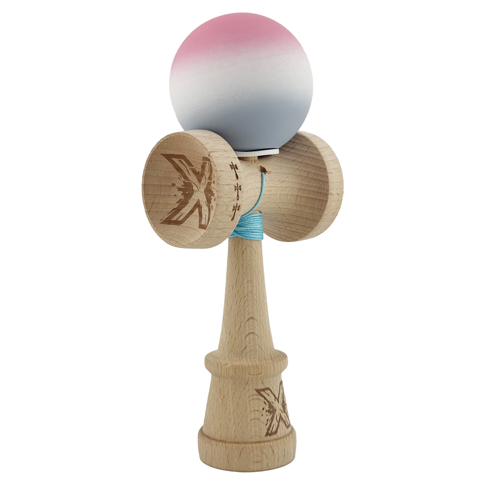 Kendama Rubber Grip V3 Cupe Mari - Kendama X Originala, Profesionala, Flippy, Rubber Grip, Cupe Mari KING SIZE V3, Gaura in Baza, Rulment Metalic, din lemn 18 cm, Ata 62/65 cm, Gradient Roz/Alb/Gri