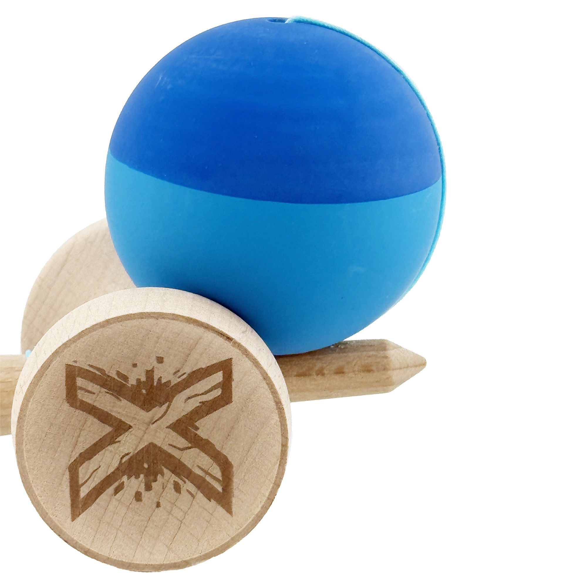 Kendama X Originala, Profesionala, Flippy, Rubber Grip, Cupe Mari KING SIZE V3, Gaura in Baza, Rulment Metalic, din lemn 18 cm, Ata 62/65 cm, Bicolor Albastru/Albastru deschis [9]