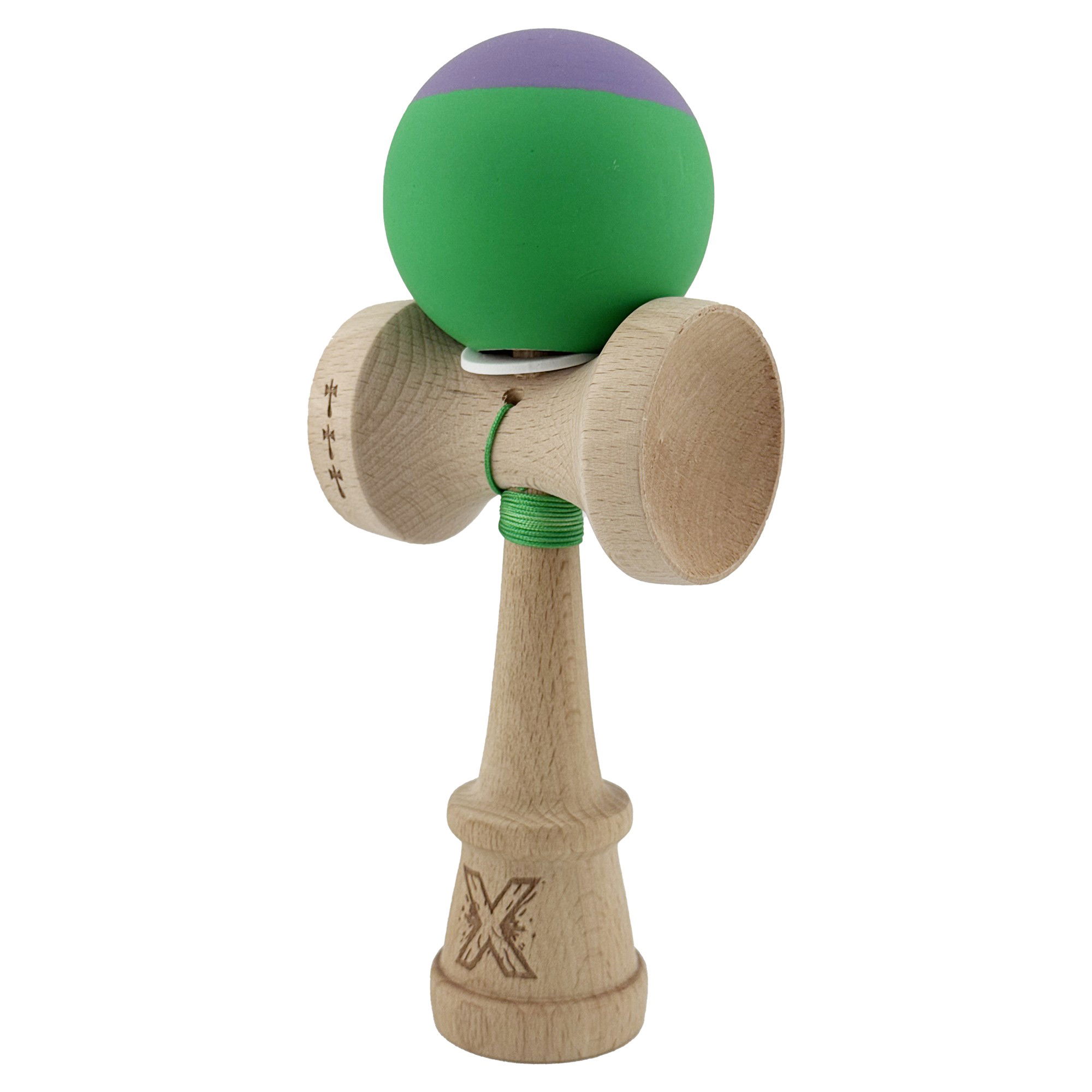 Kendama X Originala, Profesionala, Flippy, Rubber Grip, Cupe Mari KING SIZE V3, Gaura in Baza, Rulment Metalic, din lemn 18 cm, Ata 62/65 cm, Bicolor Mov/Verde [3]