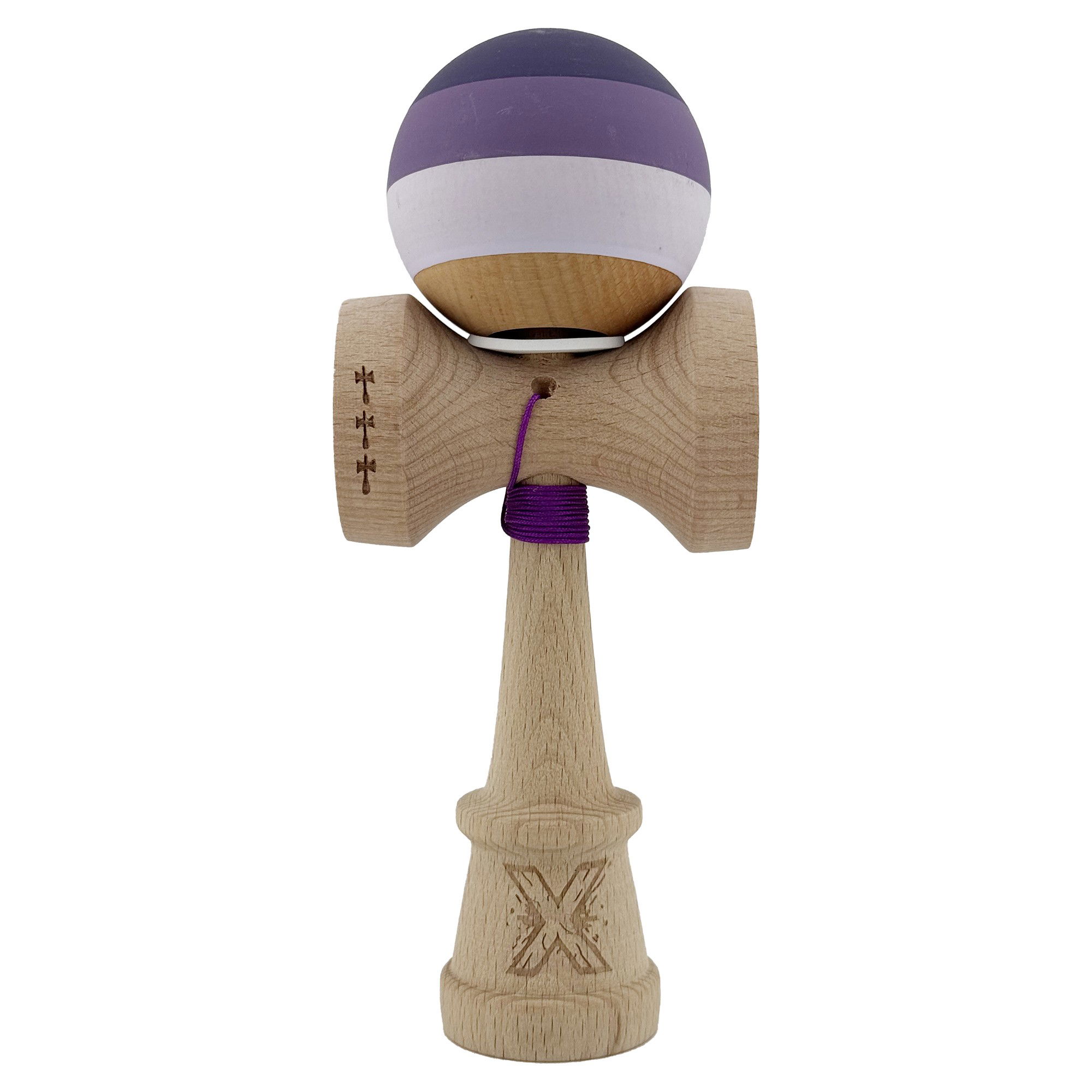Kendama Rubber Grip V3 Cupe Mari - Kendama X Originala, Profesionala, Flippy, Rubber Grip, Cupe Mari KING SIZE V3, Gaura in Baza, Rulment Metalic, din lemn 18 cm, Ata 62/65 cm, Special Purpuriu/Mov/Lila