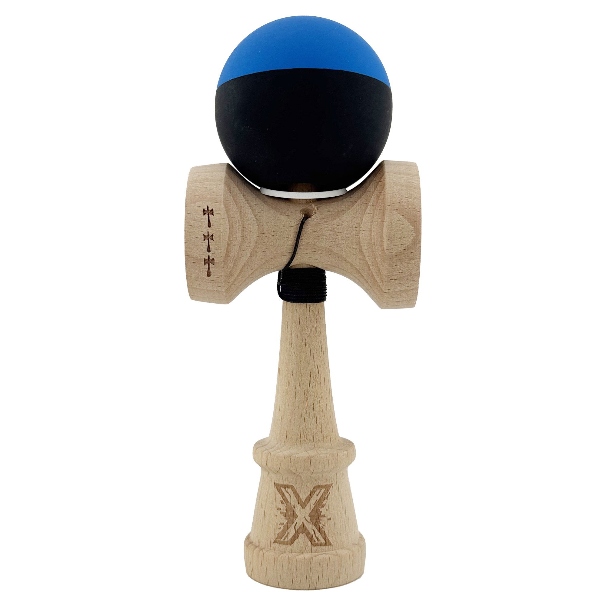 Kendama Rubber Grip V3 Cupe Mari - Kendama X Originala, Profesionala, Flippy, Rubber Grip, Cupe Mari KING SIZE V3, Gaura in Baza, Rulment Metalic, din lemn 18 cm, Ata 62/65 cm, Bicolor Albastru/Negru