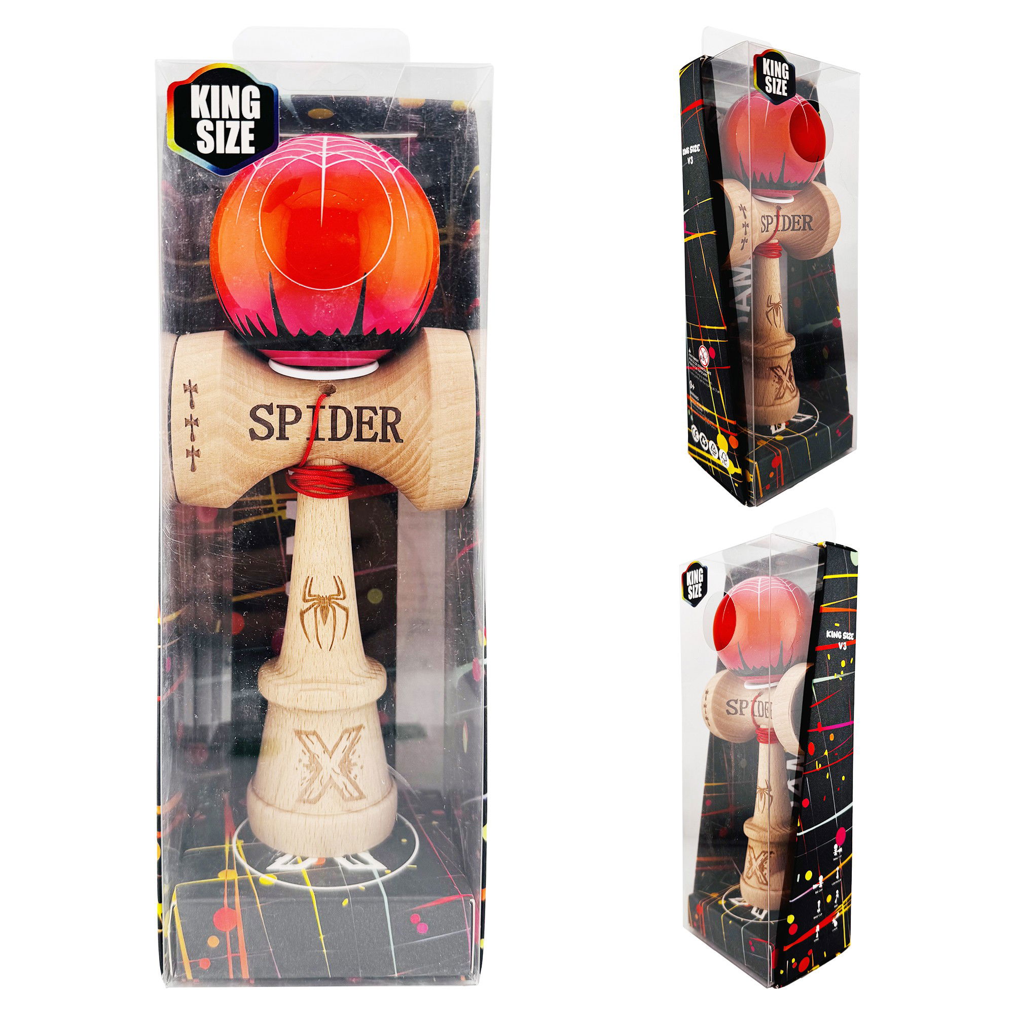 Kendama X Originala, Profesionala, Flippy, SPIDER KING, Super Sticky cu Cupe Mari KING SIZE V3, Gaura in Baza, Rulment Metalic, din lemn 18 cm, Ata 62/65 cm, Rosu/Maro [6]