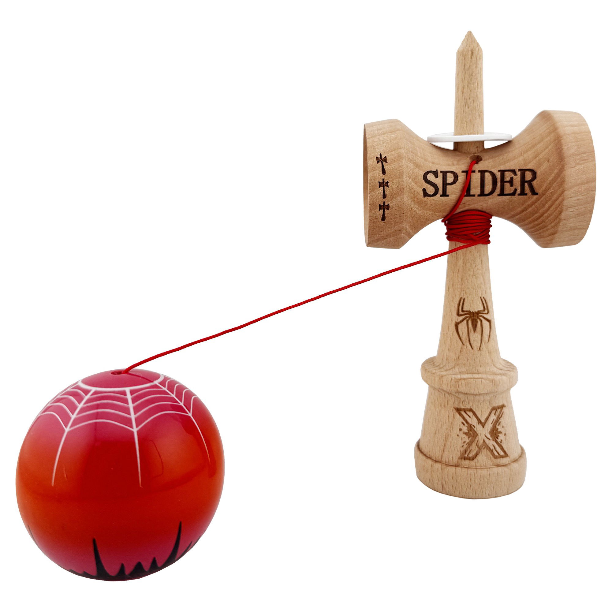 Kendama X Originala, Profesionala, Flippy, SPIDER KING, Super Sticky cu Cupe Mari KING SIZE V3, Gaura in Baza, Rulment Metalic, din lemn 18 cm, Ata 62/65 cm, Rosu/Maro [4]