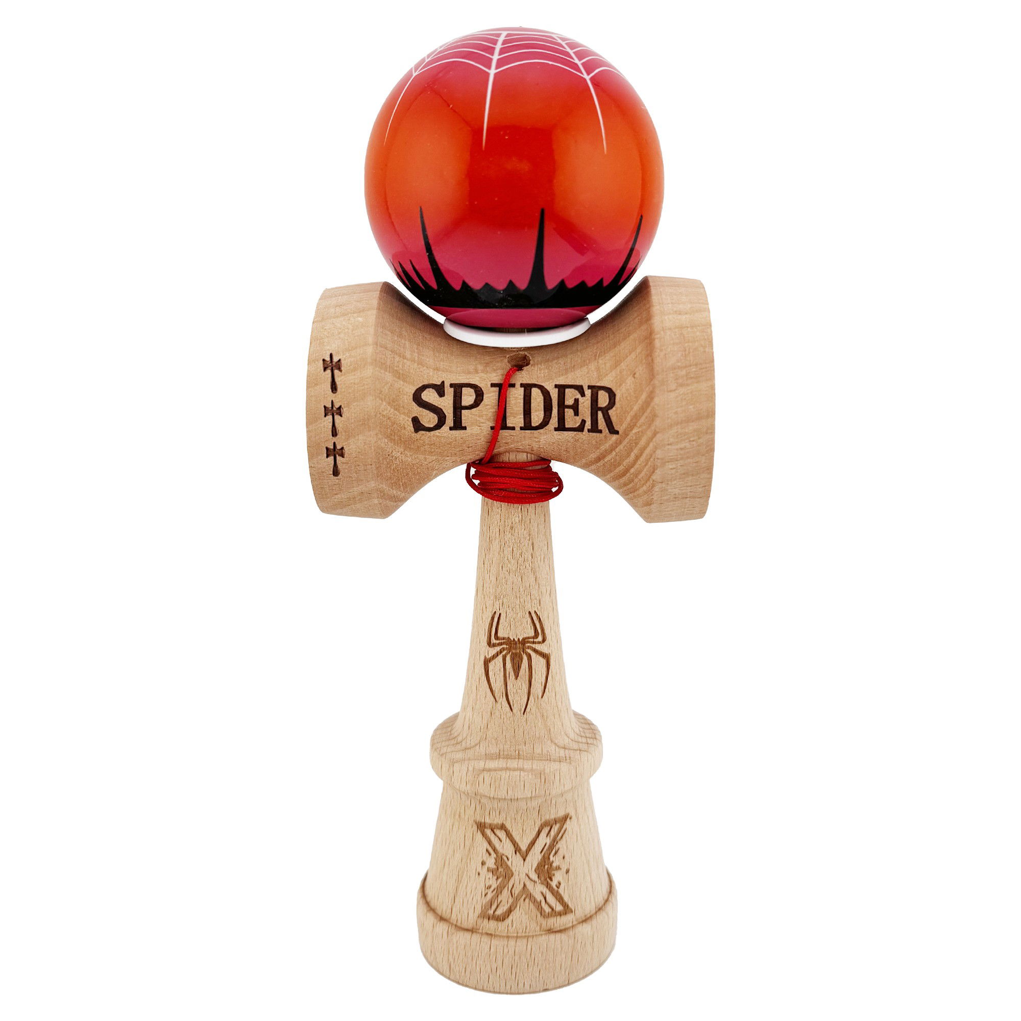 Kendama Super Sticky V3 Cupe Mari - Kendama X Originala, Profesionala, Flippy, SPIDER KING, Super Sticky cu Cupe Mari KING SIZE V3, Gaura in Baza, Rulment Metalic, din lemn 18 cm, Ata 62/65 cm, Rosu/Maro