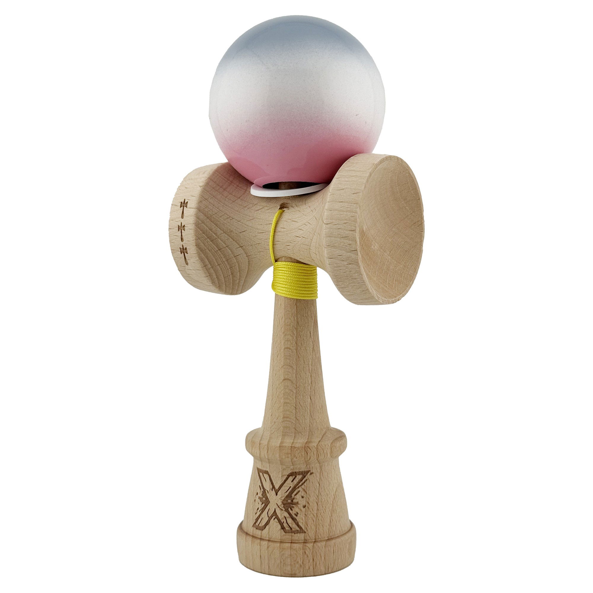 Kendama X Originala, Profesionala, Flippy, Super Sticky cu Cupe Mari KING SIZE V3, Gaura in Baza, Rulment Metalic, din lemn 18 cm, Ata 62/65 cm, Gradient Gri/Alb/Roz [3]