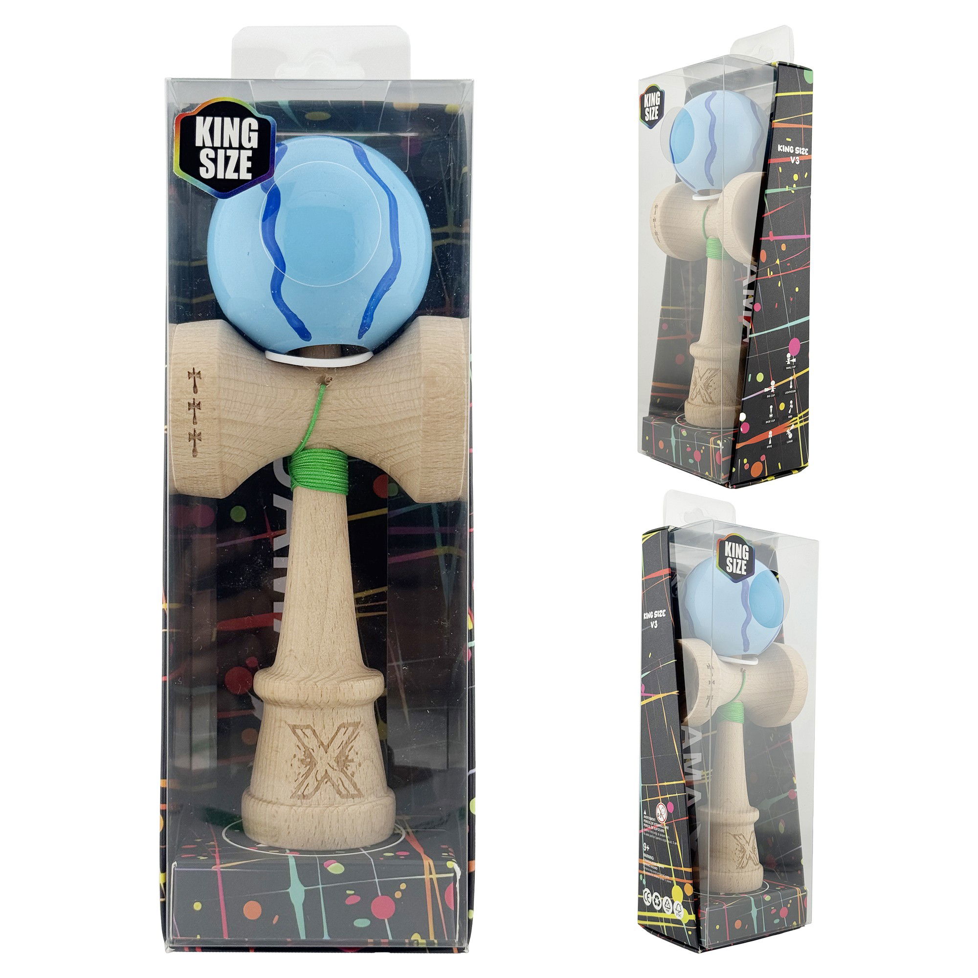 Kendama X Originala, Profesionala, Flippy, Super Sticky cu Cupe Mari KING SIZE V3, Gaura in Baza, Rulment Metalic, din lemn 18 cm, Ata 62/65 cm, Special Albastru deschis [6]