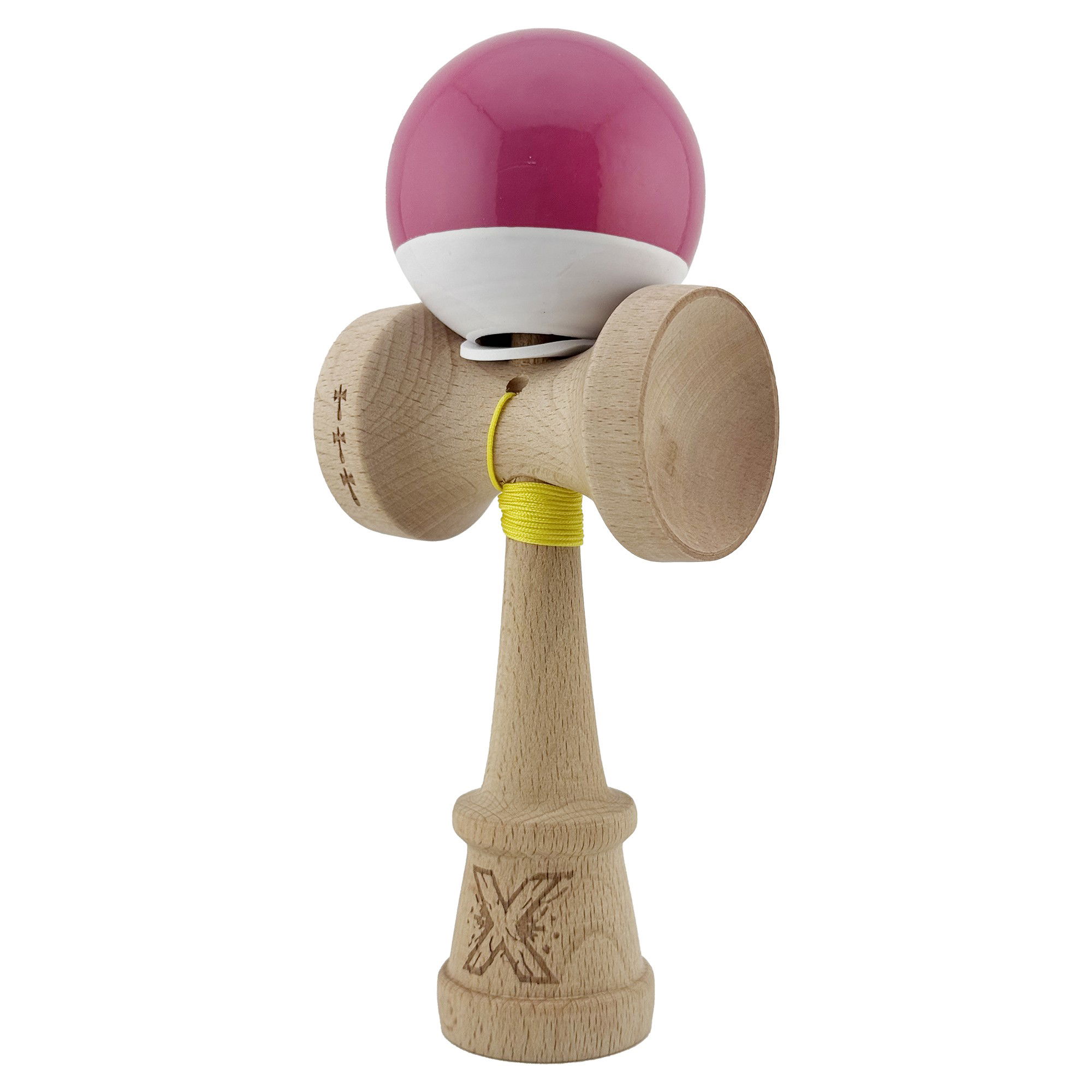 Kendama X Originala, Profesionala, Flippy, Super Sticky cu Cupe Mari KING SIZE V3, Gaura in Baza, Rulment Metalic, din lemn 18 cm, Ata 62/65 cm, Bicolor Roz inchis/Alb [3]