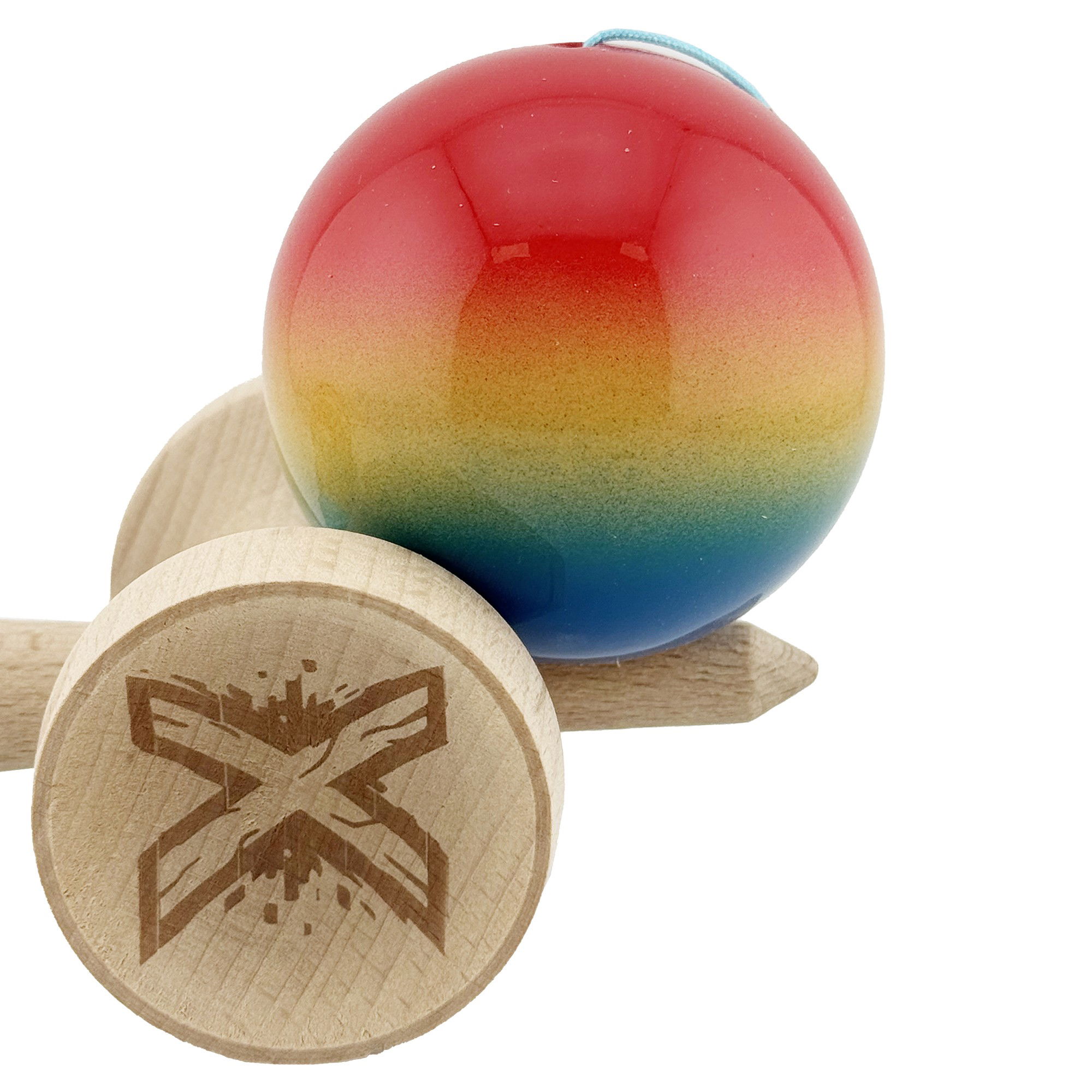 Kendama X Originala, Profesionala, Flippy, Super Sticky cu Cupe Mari KING SIZE V3, Gaura in Baza, Rulment Metalic, din lemn 18 cm, Ata 62/65 cm, Gradient Rosu/Galben/Albastru [9]