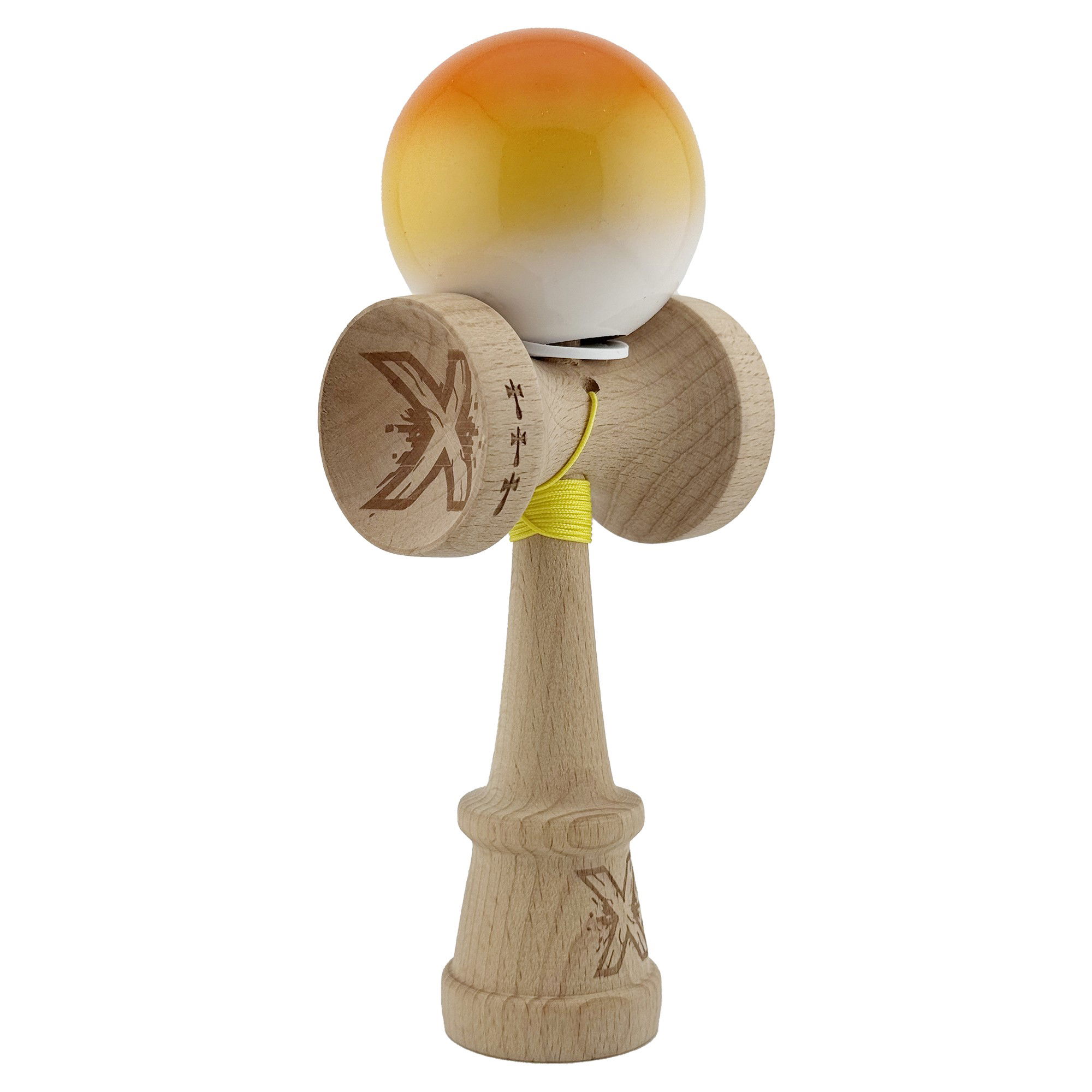 Kendama Super Sticky V3 Cupe Mari - Kendama X Originala, Profesionala, Flippy, Super Sticky cu Cupe Mari KING SIZE V3, Gaura in Baza, Rulment Metalic, din lemn 18 cm, Ata 62/65 cm, Gradient Portocaliu/Galben/Alb