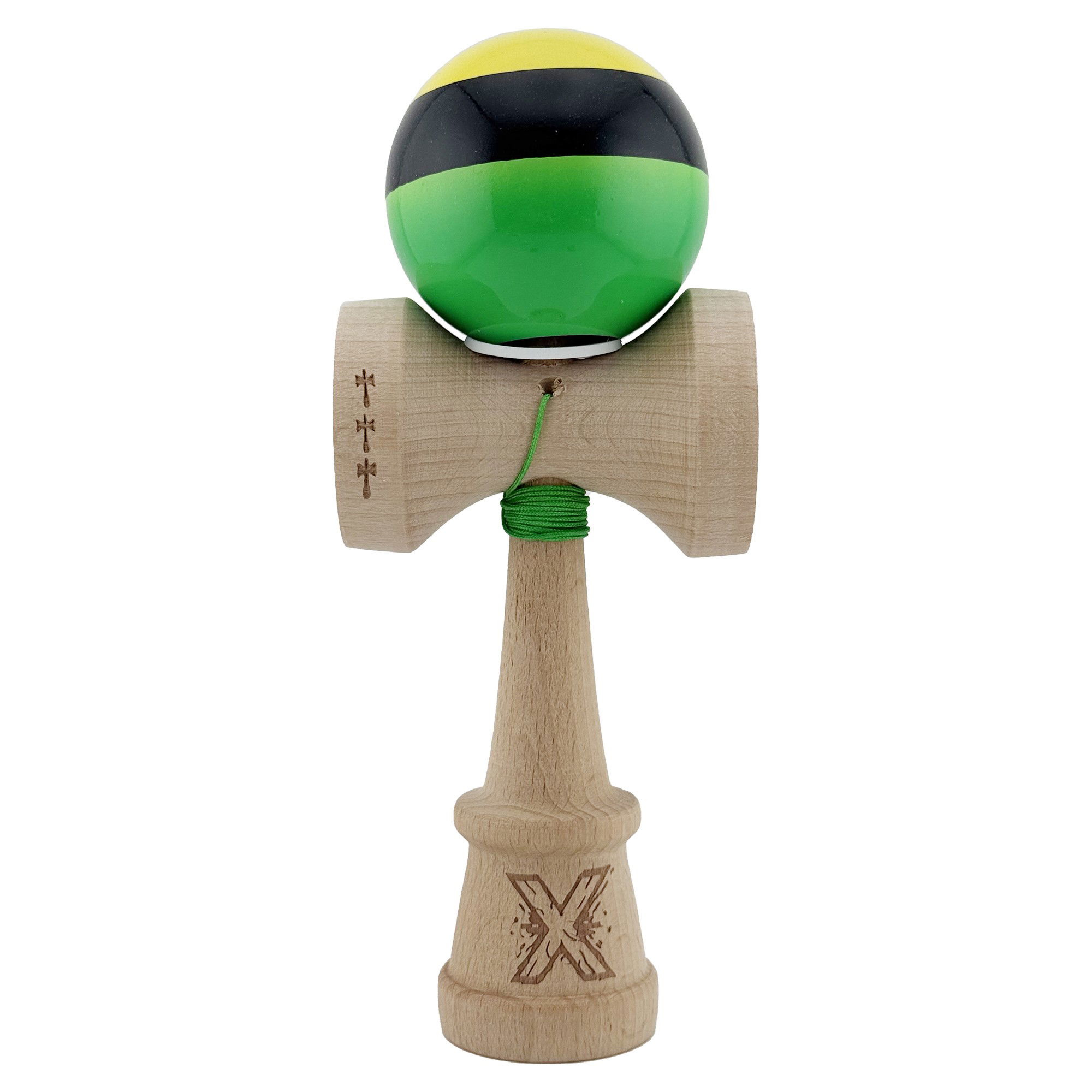 Kendama Super Sticky V3 Cupe Mari - Kendama X Originala, Profesionala, Flippy, Super Sticky cu Cupe Mari KING SIZE V3, Gaura in Baza, Rulment Metalic, din lemn 18 cm, Ata 62/65 cm, Galben/Negru/Verde