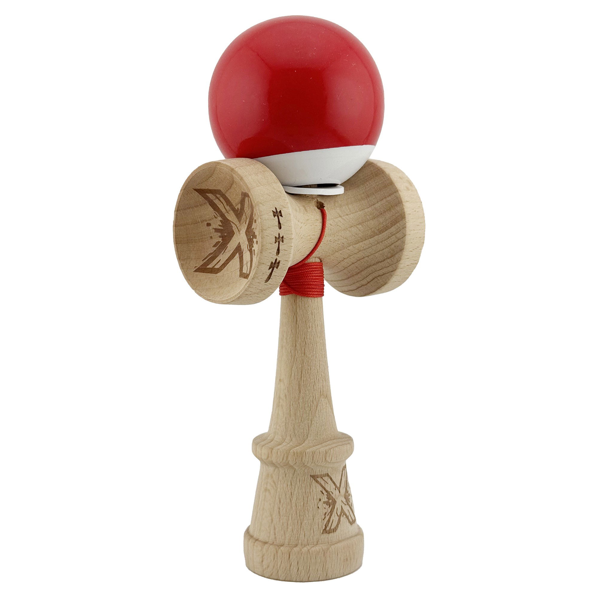 Kendama Super Sticky V3 Cupe Mari - Kendama X Originala, Profesionala, Flippy, Super Sticky cu Cupe Mari KING SIZE V3, Gaura in Baza, Rulment Metalic, din lemn 18 cm, Ata 62/65 cm, Bicolor Rosu/Alb