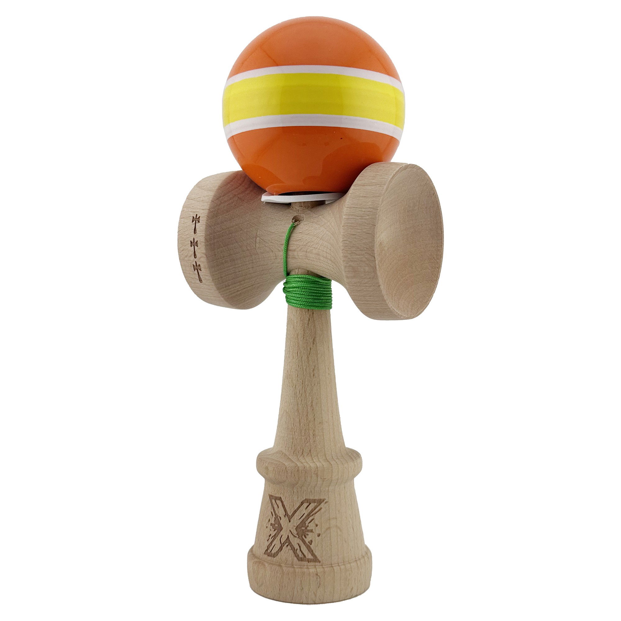 Kendama X Originala, Profesionala, Flippy, Super Sticky cu Cupe Mari KING SIZE V3, Gaura in Baza, Rulment Metalic, din lemn 18 cm, Ata 62/65 cm, Special Portocaliu/Galben [3]