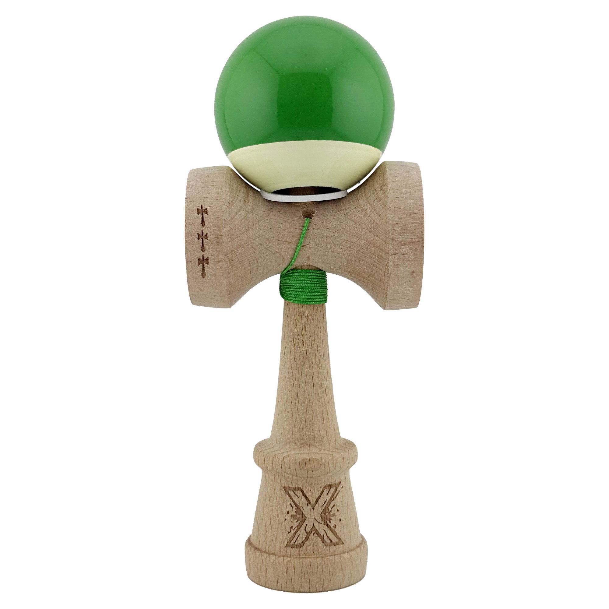 Kendama Super Sticky V3 Cupe Mari - Kendama X Originala, Profesionala, Flippy, Super Sticky cu Cupe Mari KING SIZE V3, Gaura in Baza, Rulment Metalic, din lemn 18 cm, Ata 62/65 cm, Bicolor Verde/Alb