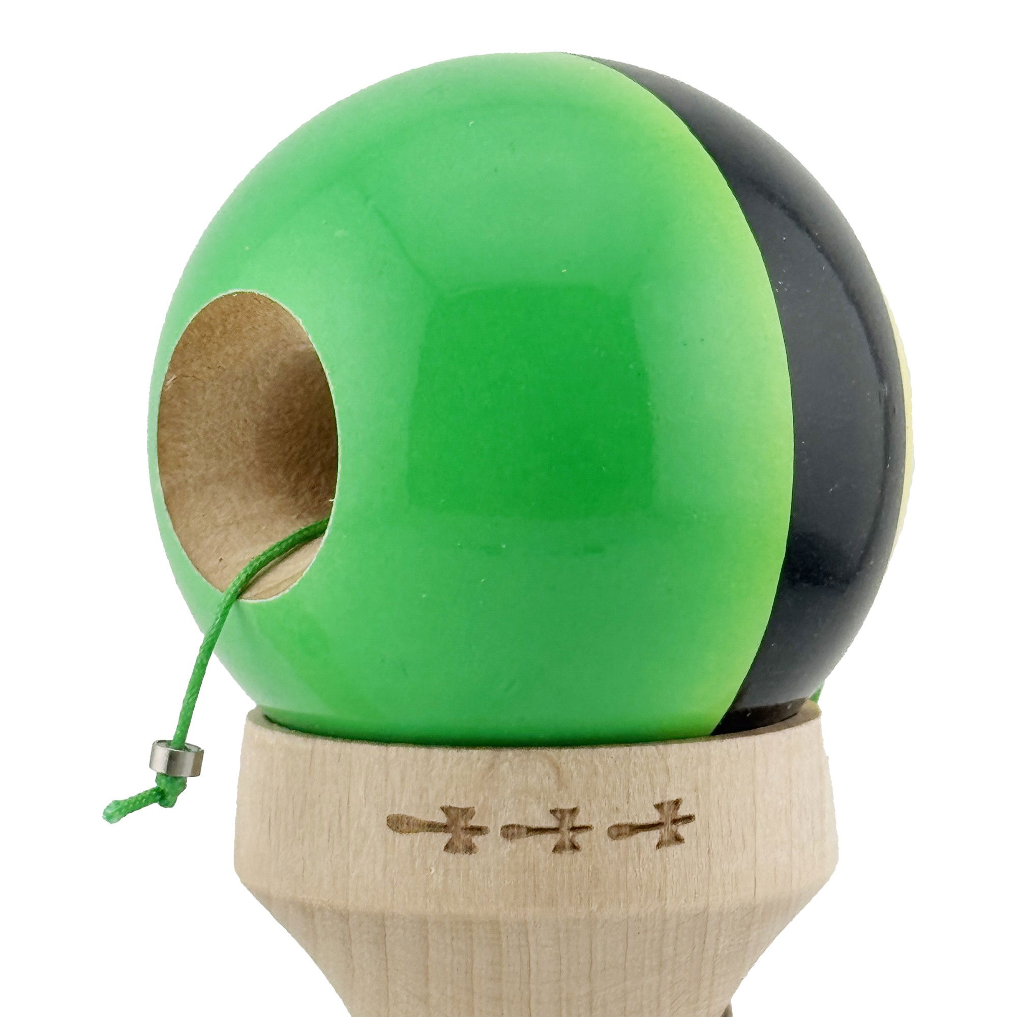 Kendama X Originala, Profesionala, Flippy, Super Sticky cu Cupe Mari KING SIZE V3, Gaura in Baza, Rulment Metalic, din lemn 18 cm, Ata 62/65 cm, Galben/Negru/Verde [7]