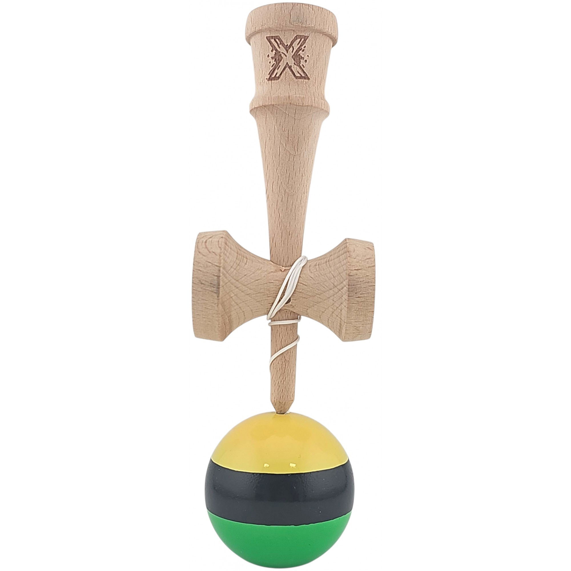 Kendama Super Sticky - Kendama X Originala, Profesionala, Flippy, Super Sticky din Lemn, 18 cm, Galben/Negru/Verde
