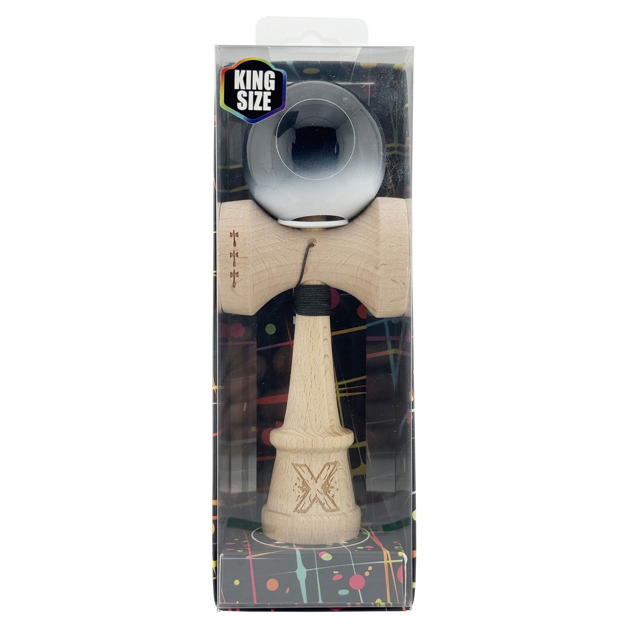 Kendama X Originala, Profesionala, Flippy, Super Sticky cu Cupe Mari KING SIZE V3, Gaura in Baza, Rulment Metalic, din lemn 18 cm, Ata 62/65 cm, Gradient Negru/Alb [6]