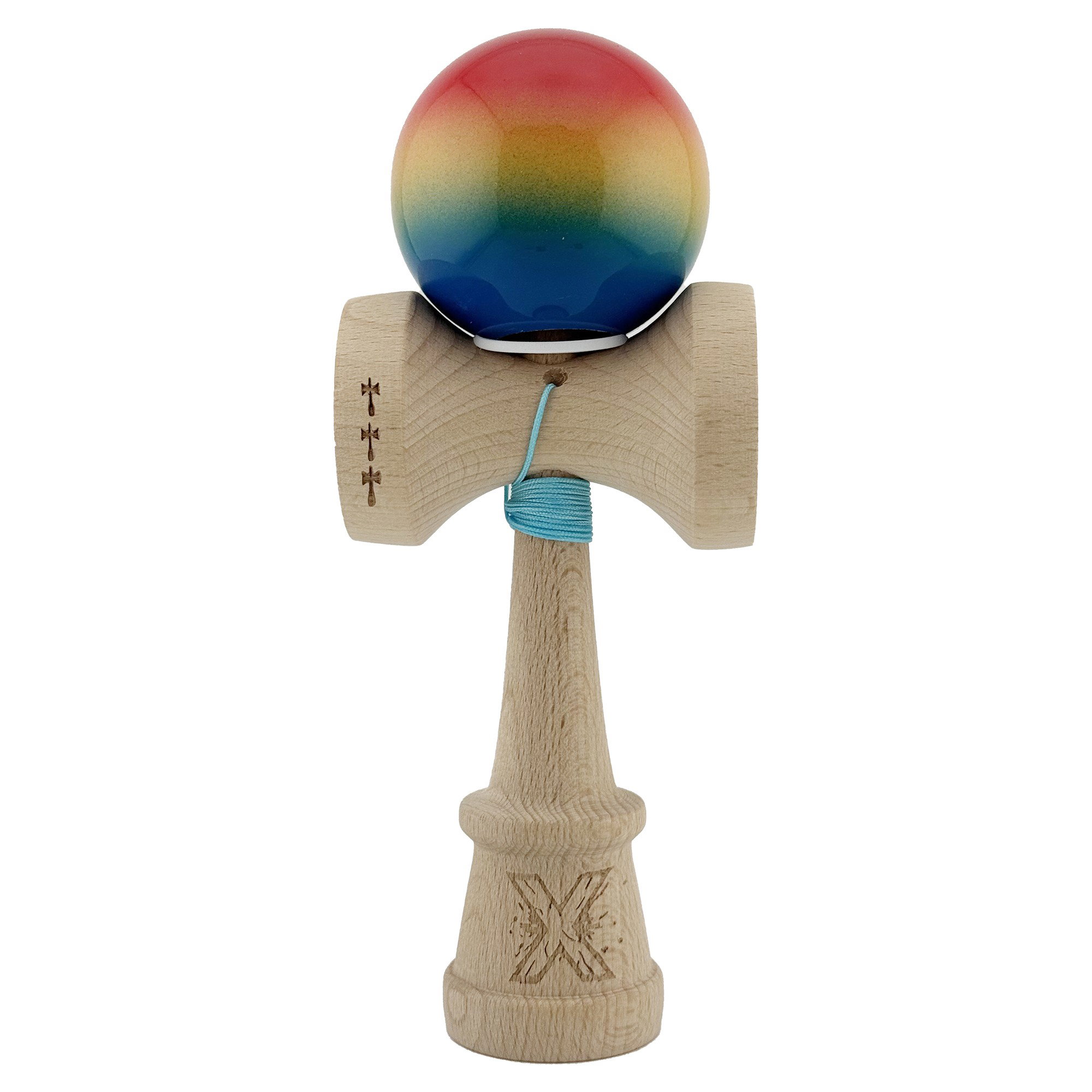 Kendama Super Sticky V3 Cupe Mari - Kendama X Originala, Profesionala, Flippy, Super Sticky cu Cupe Mari KING SIZE V3, Gaura in Baza, Rulment Metalic, din lemn 18 cm, Ata 62/65 cm, Gradient Rosu/Galben/Albastru