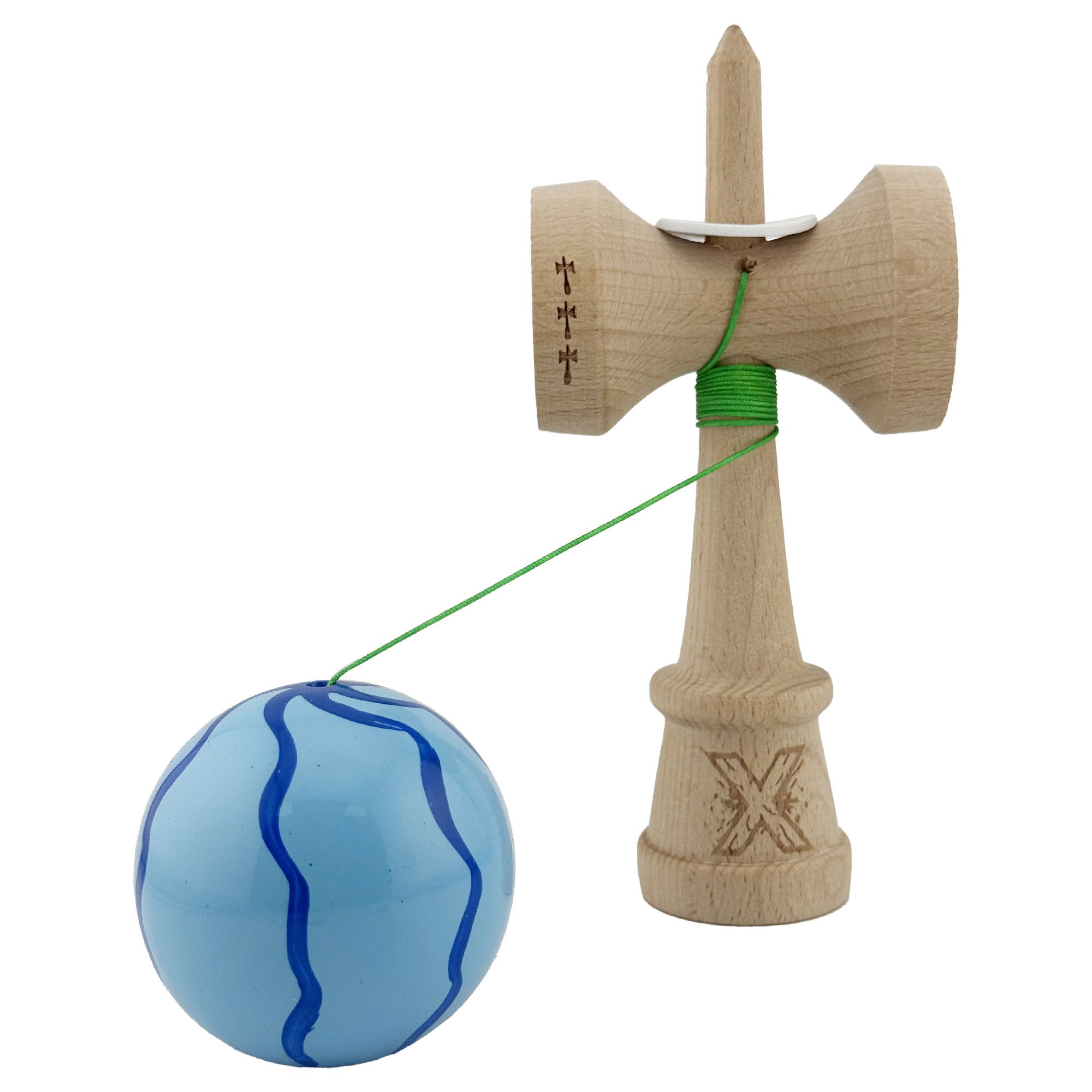 Kendama X Originala, Profesionala, Flippy, Super Sticky cu Cupe Mari KING SIZE V3, Gaura in Baza, Rulment Metalic, din lemn 18 cm, Ata 62/65 cm, Special Albastru deschis [4]
