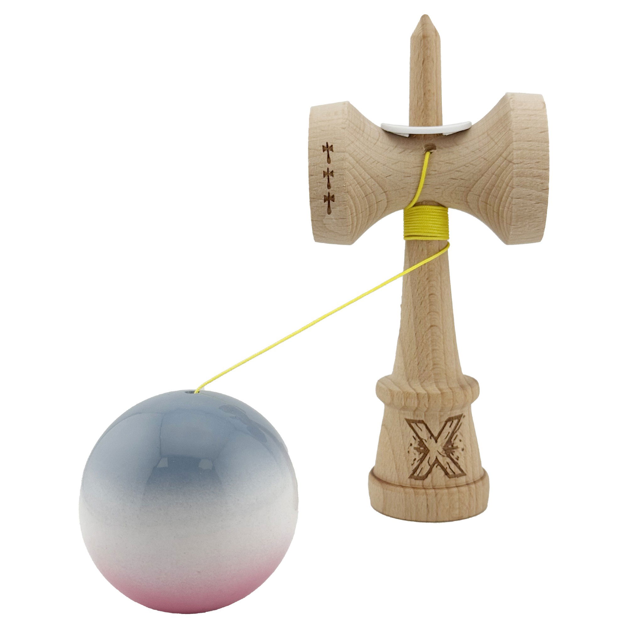 Kendama X Originala, Profesionala, Flippy, Super Sticky cu Cupe Mari KING SIZE V3, Gaura in Baza, Rulment Metalic, din lemn 18 cm, Ata 62/65 cm, Gradient Gri/Alb/Roz [4]