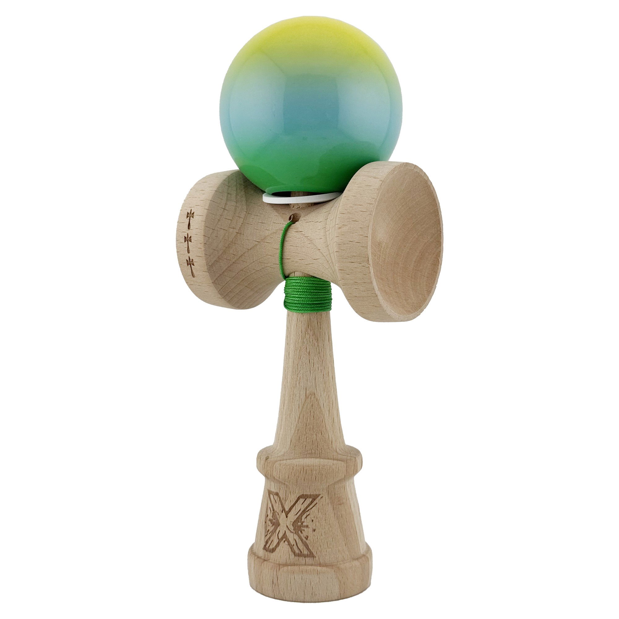 Kendama X Originala, Profesionala, Flippy, Super Sticky cu Cupe Mari KING SIZE V3, Gaura in Baza, Rulment Metalic, din lemn 18 cm, Ata 62/65 cm, Gradient Galben/Albastru/Verde [3]