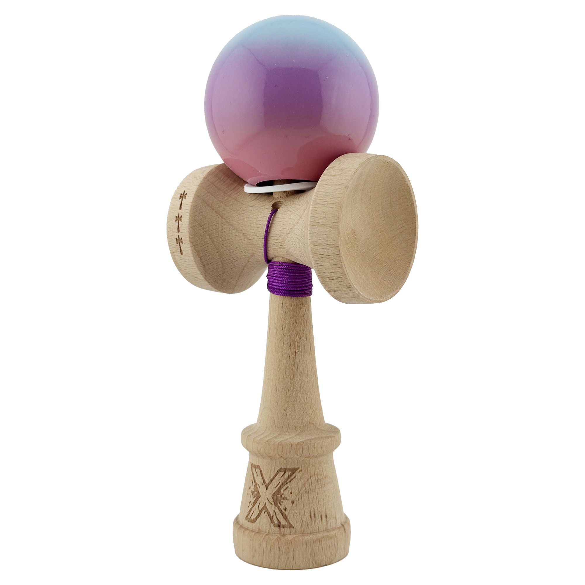 Kendama X Originala, Profesionala, Flippy, Super Sticky cu Cupe Mari KING SIZE V3, Gaura in Baza, Rulment Metalic, din lemn 18 cm, Ata 62/65 cm, Gradient Albastru/Mov/Roz [3]