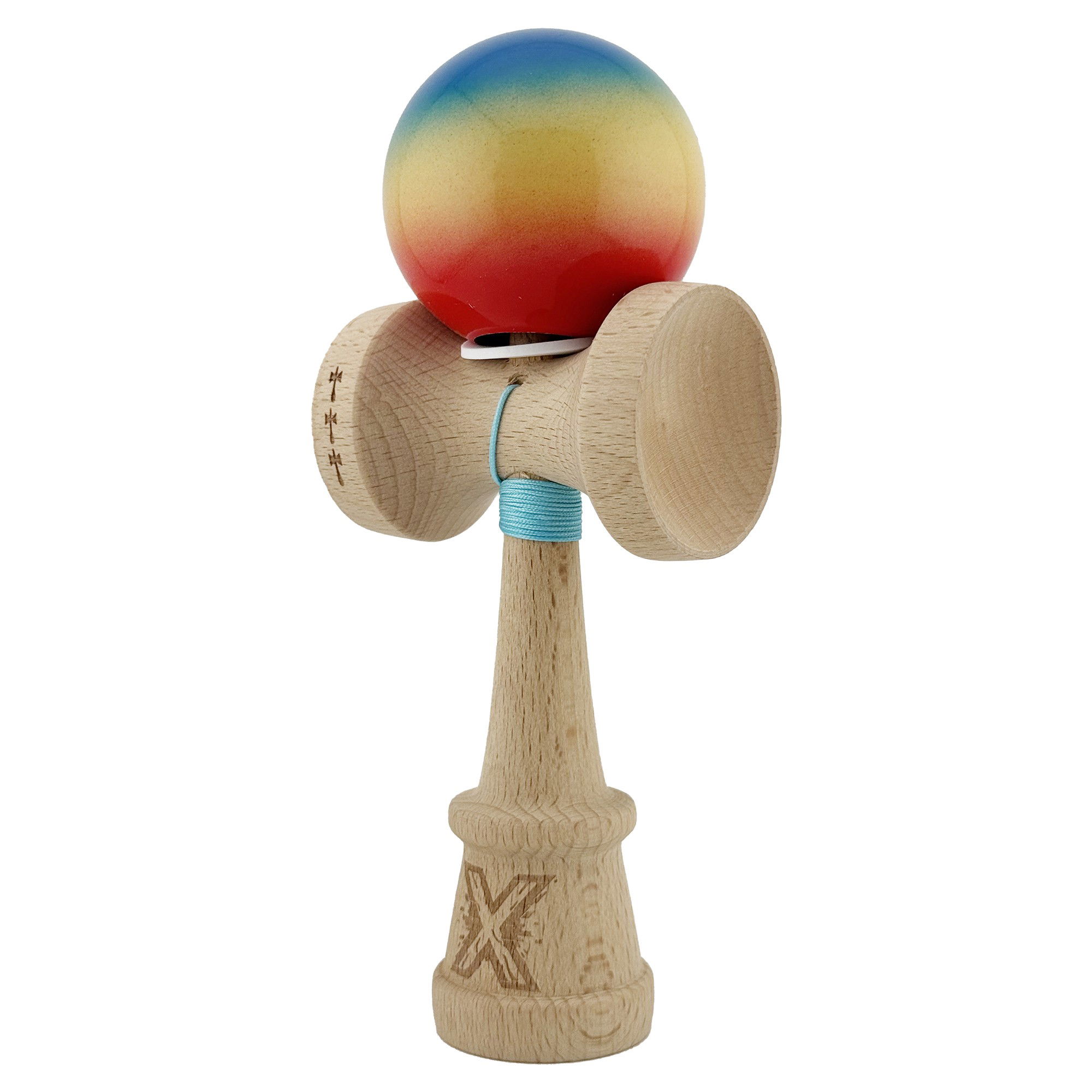 Kendama X Originala, Profesionala, Flippy, Super Sticky cu Cupe Mari KING SIZE V3, Gaura in Baza, Rulment Metalic, din lemn 18 cm, Ata 62/65 cm, Gradient Albastru/Galben/Rosu [3]